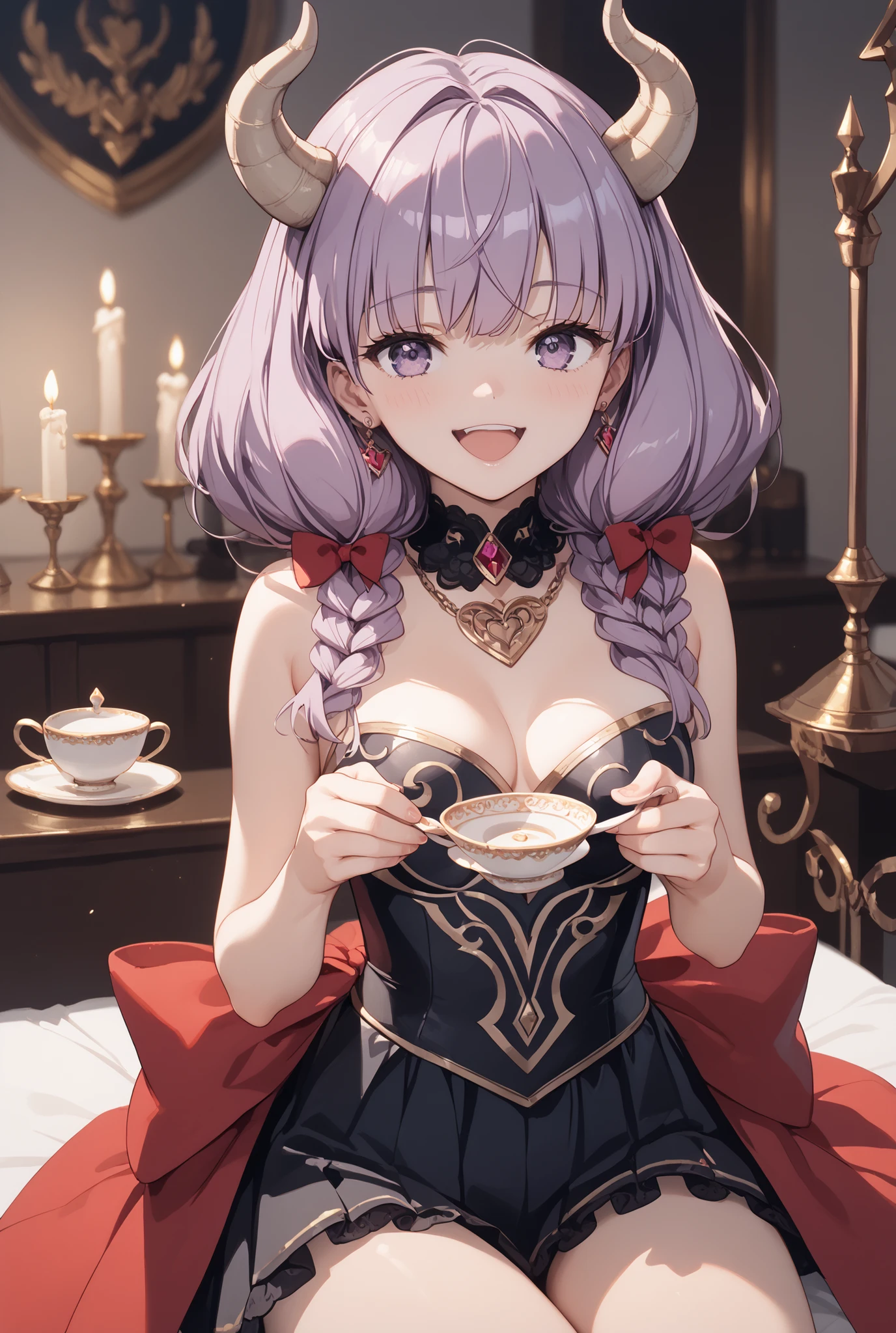 masterpiece,Super Detailed,beautiful faces,and high precision,cute devil girl,(One Woman Between Stores),she's sitting on the devil's dim bedroom bed,behind the bed has a devil's candelabra、candle is lit,ecstatic, Expression of victory ,I see little black underwear,light reddish purple hair,Light Purple Eyes,Boryu-mugaa
So cute,doing a devil's ceremony,her cheeks are blurry and red, Cowboy Shots,(She has a teacup in her right hand:1.5)