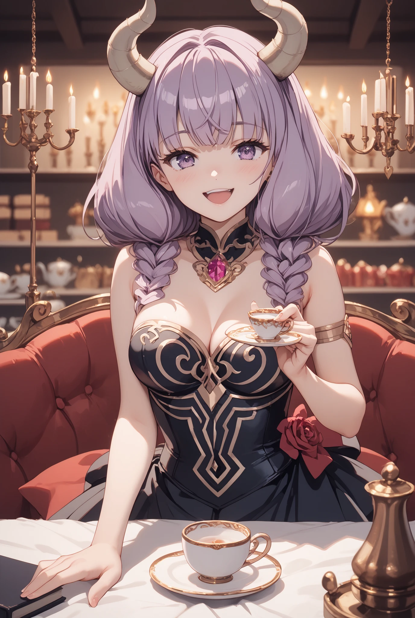 masterpiece,Super Detailed,beautiful faces,and high precision,cute devil girl,(One Woman Between Stores),she's sitting on the devil's dim bedroom bed,behind the bed has a devil's candelabra、candle is lit,ecstatic, Expression of victory ,I see little black underwear,light reddish purple hair,Light Purple Eyes,Boryu-mugaa
So cute,doing a devil's ceremony,her cheeks are blurry and red, Cowboy Shots,(She has a teacup in her right hand:1.5)