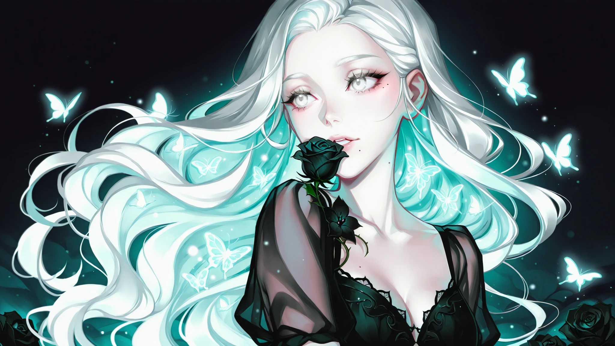 cyarin_style, Cute cartoon/bright/close-up/gentle vampire princess/garden of glowing nocturnal flowers/butterflies/black-white veiled gown/black rose in flowing white hair,white eyes, mole