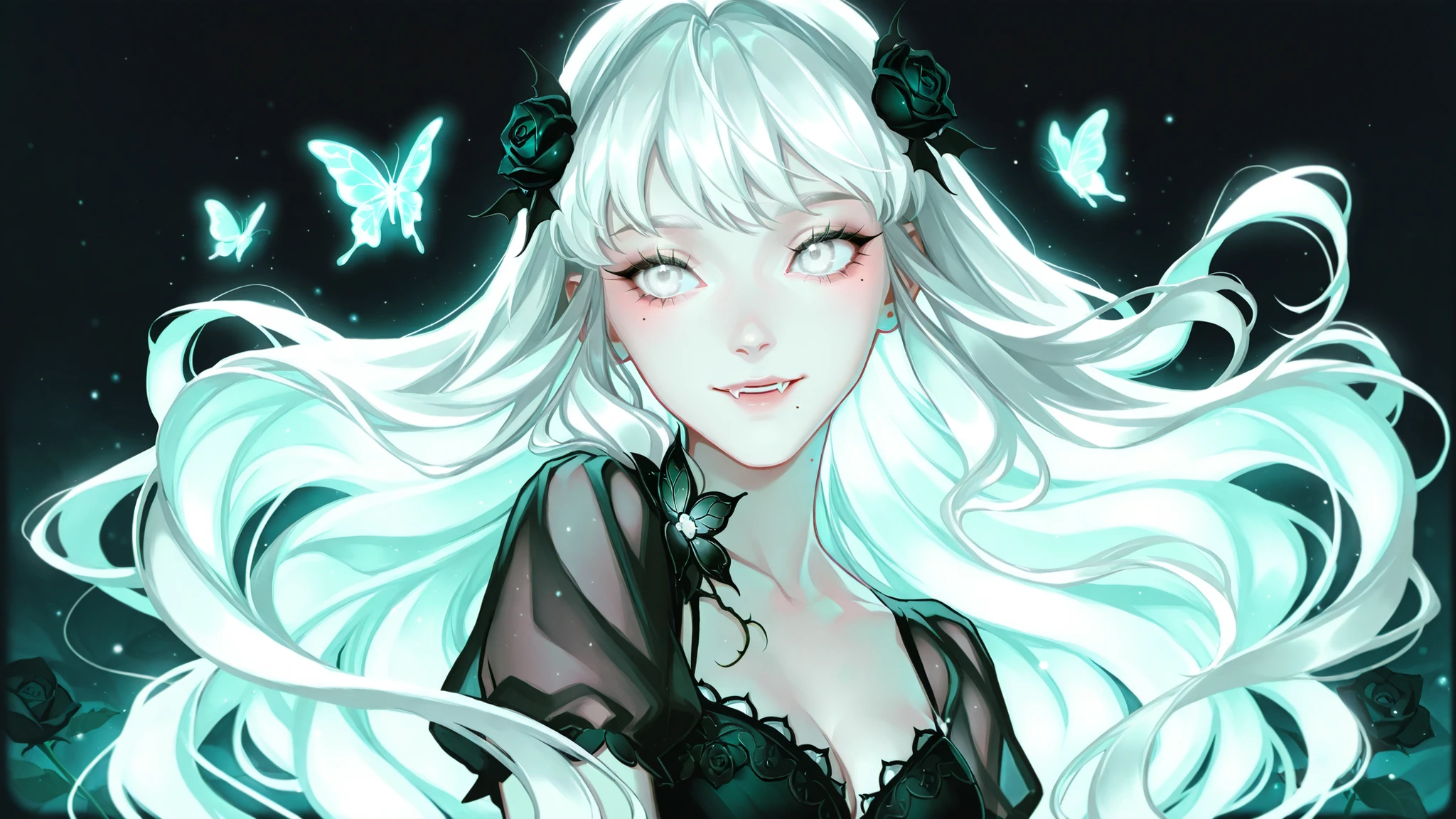 cyarin_style, Cute cartoon/bright/close-up/gentle vampire princess/garden of glowing nocturnal flowers/butterflies/black-white veiled gown/black rose in flowing white hair,white eyes, mole
