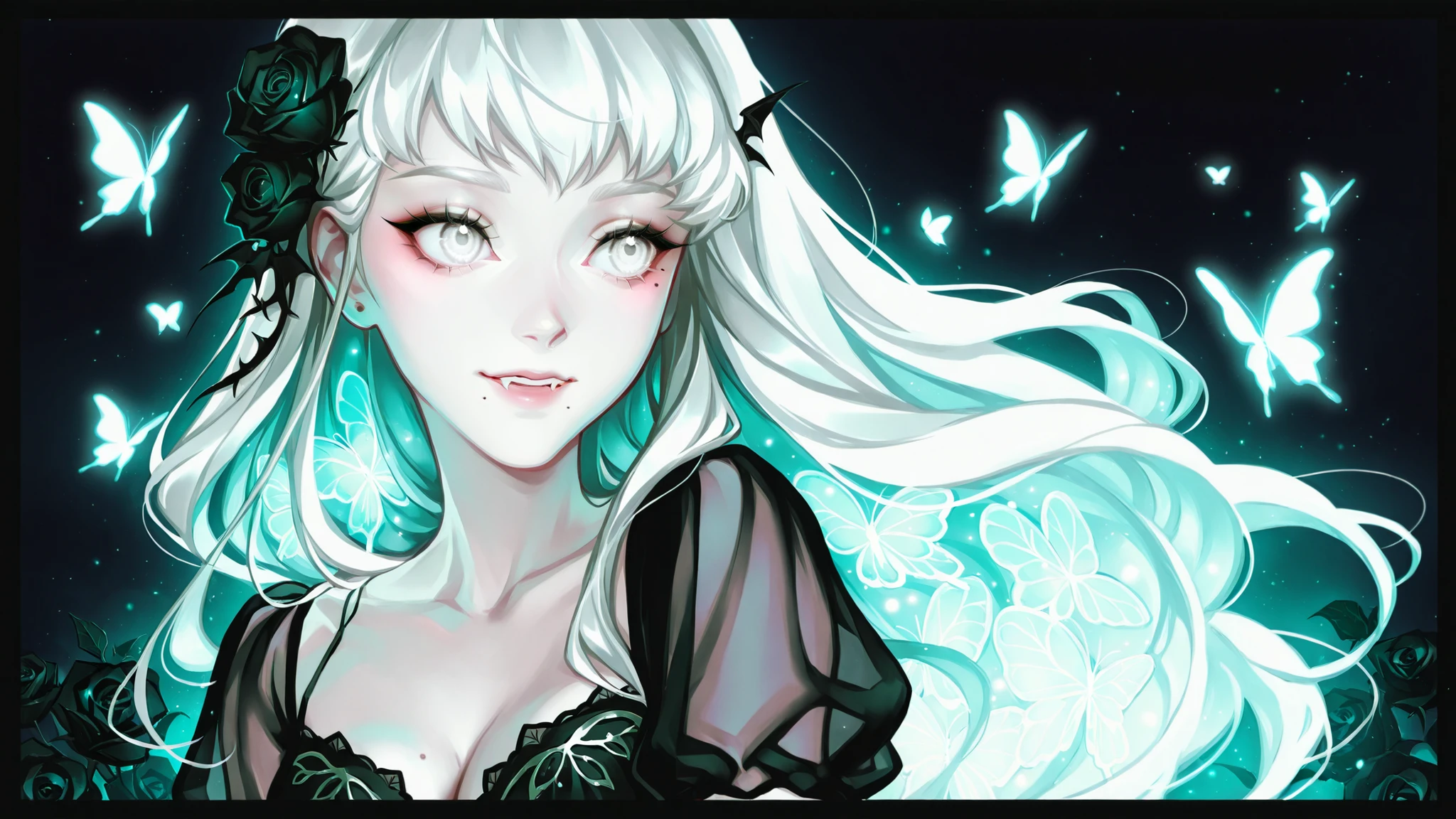 cyarin_style, Cute cartoon/bright/close-up/gentle vampire princess/garden of glowing nocturnal flowers/butterflies/black-white veiled gown/black rose in flowing white hair,white eyes, mole