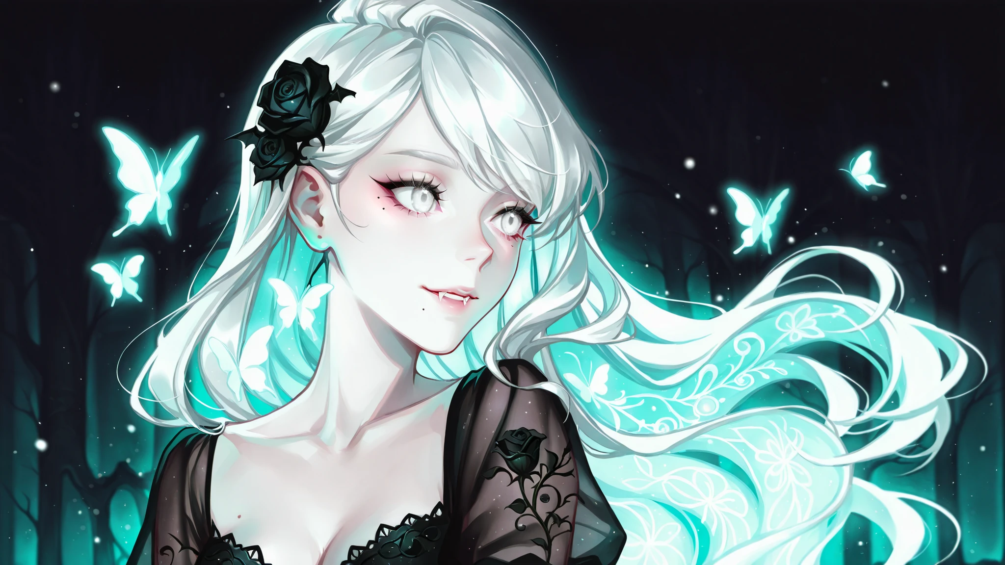 cyarin_style, Cute cartoon/bright/close-up/gentle vampire princess/garden of glowing nocturnal flowers/butterflies/black-white veiled gown/black rose in flowing white hair,white eyes, mole