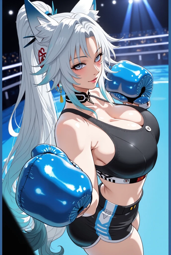 korean beautifull girl，18 years old,Pretty Face，Good figure detailed pictures, Shy expression， blush，White long hair, Wear ?????????????, Wear black garter stockings, Wearing boxing gloves, Standing alone in the boxing ring，???? poses riding on the opponent，?????????????,Cleavage,Long legs，Thin waist，??????，?????????