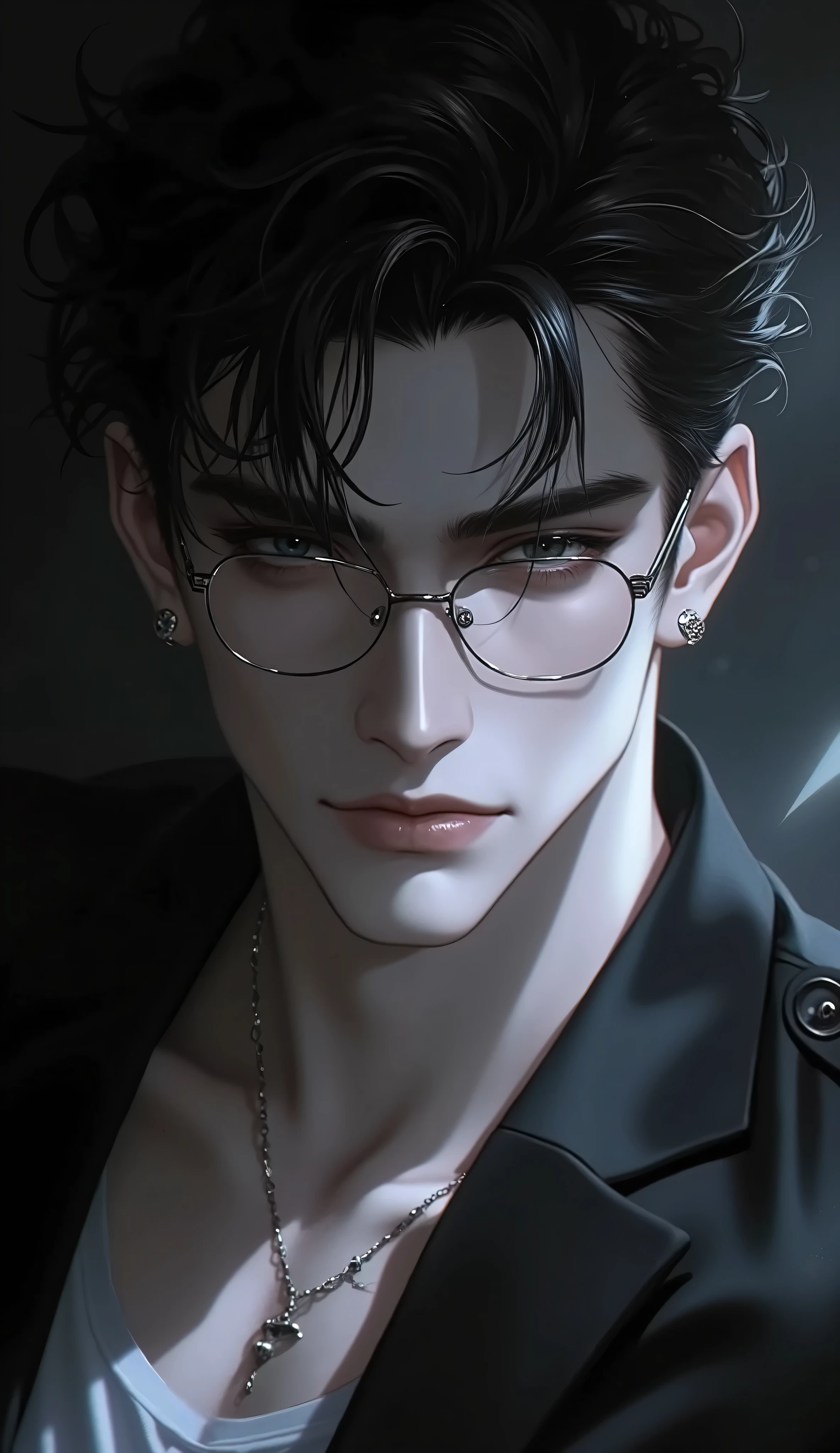超 Hi-Res , Hi-Res, Portrait Details , Hi-Res, Masterpiece, top quality, Very Exquisite Face , Ultra-detailed anime-style illustration of a handsome man, cinematic lighting, sharp shadows, high contrast, smooth skin, detailed clothing, semi-realistic , dark theme, masterpiece, 8k uhd, wearing glasses