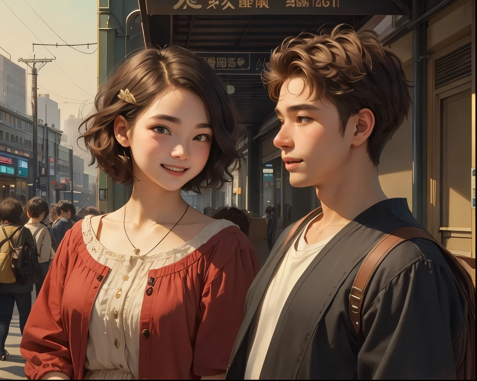 408 ((18 year old woman)),(18 year old man),(short hair),(Shortcut),(Neat hair),(super high image quality),(Rembrandt painting),(Archaic smile),2025.09.25,((Tokyo Stationを背景))), (Tokyo Station)