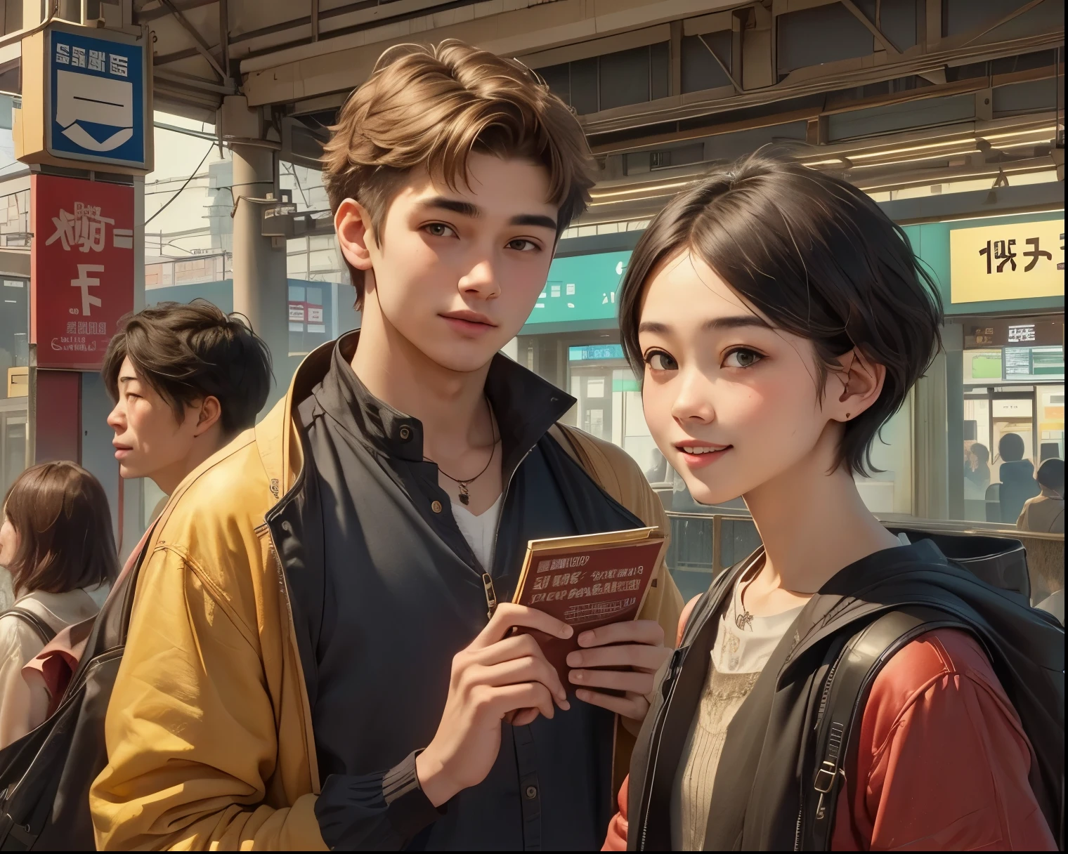 408 ((18 year old woman)),(18 year old man),(short hair),(Shortcut),(Neat hair),(super high image quality),(Rembrandt painting),(Archaic smile),2025.09.25,((Tokyo Stationを背景))), (Tokyo Station)