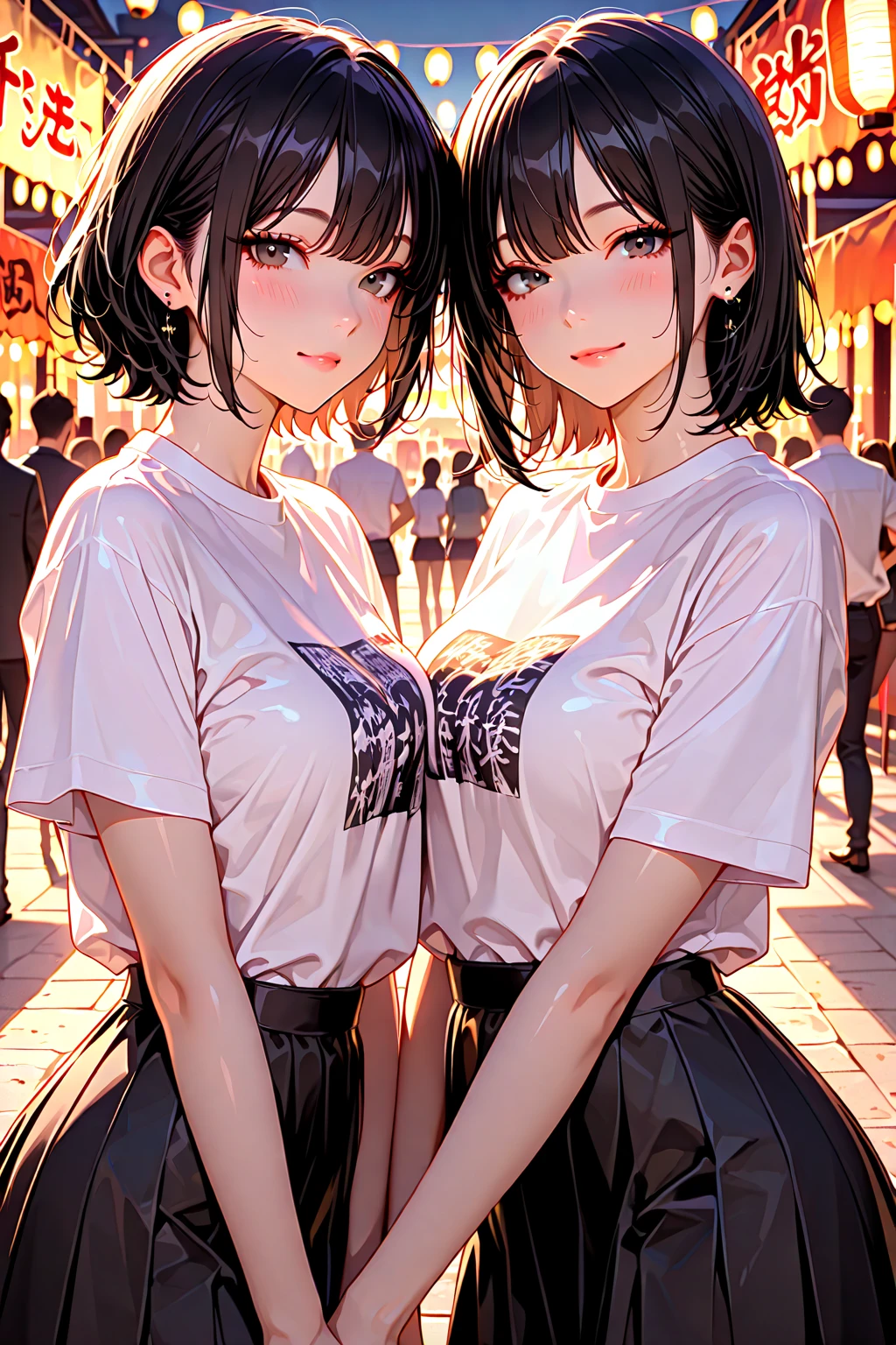 t-shirt, cargo pants, shorts, whole body, absurdres, RAW photo, extremely delicate and beautiful, masterpiece, Best Quality, ultra high resolution, 32k, hyperrealistic, ultra-detailed, detailed description, perfect , pale skin, 20 years old, detailed beautiful face and eyes, tearful mole, earring, short medium hair, wavy hair, yuri, ((2 girls)),