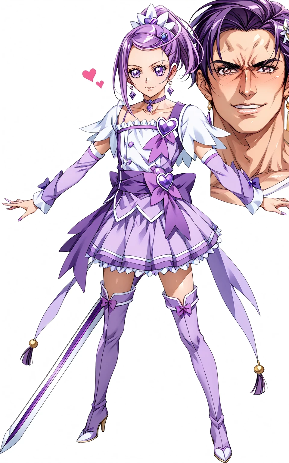 score 9 、score 8 up、score 7 up、source anime、傑作、Best quality、Best resolution、best image quality、anime coloring、anime screencap、anime screenshot、official art、1boy、cure sword is a boy、(manly face:1.6)、solo、boy is wearing a purple dress、short purple hair boy、sparking purple eyes、high short ponytail hair、spade shape hair ornament、solo、amethyst prince、anime prince、 purple skirt、mini skirt、high cut skirt、collarbone、trapezius、white shoulder pads、purple neckwear、heart brooch、purple choker、purple Arm warmers、purple detached sleeves、purple waist bow、bare thighs、thigh muscles、semitendinosus muscles、covered hamstrings、covered adductor magnus muscles、purple thigh high boots、official character art、style of magical boy、masculinization、magical boy、 official fan art、 !!Full body portrait!!、 magical boy style、 王子としての王様讃美歌、 MLP fan art、cure sword outfit、official anime style、official anime artwork、detailed fan art、 magical aura、purple thunder aura、Best resolution、 commission for Best resolution background!、wearing a purple dress、boy wearing purple boots、anime boy is wearing a nice dress、(manly:1.6)、official art style、anime boy、male focus、looking at viewer、solo focus、cowboy shot、(male body:1.6)、