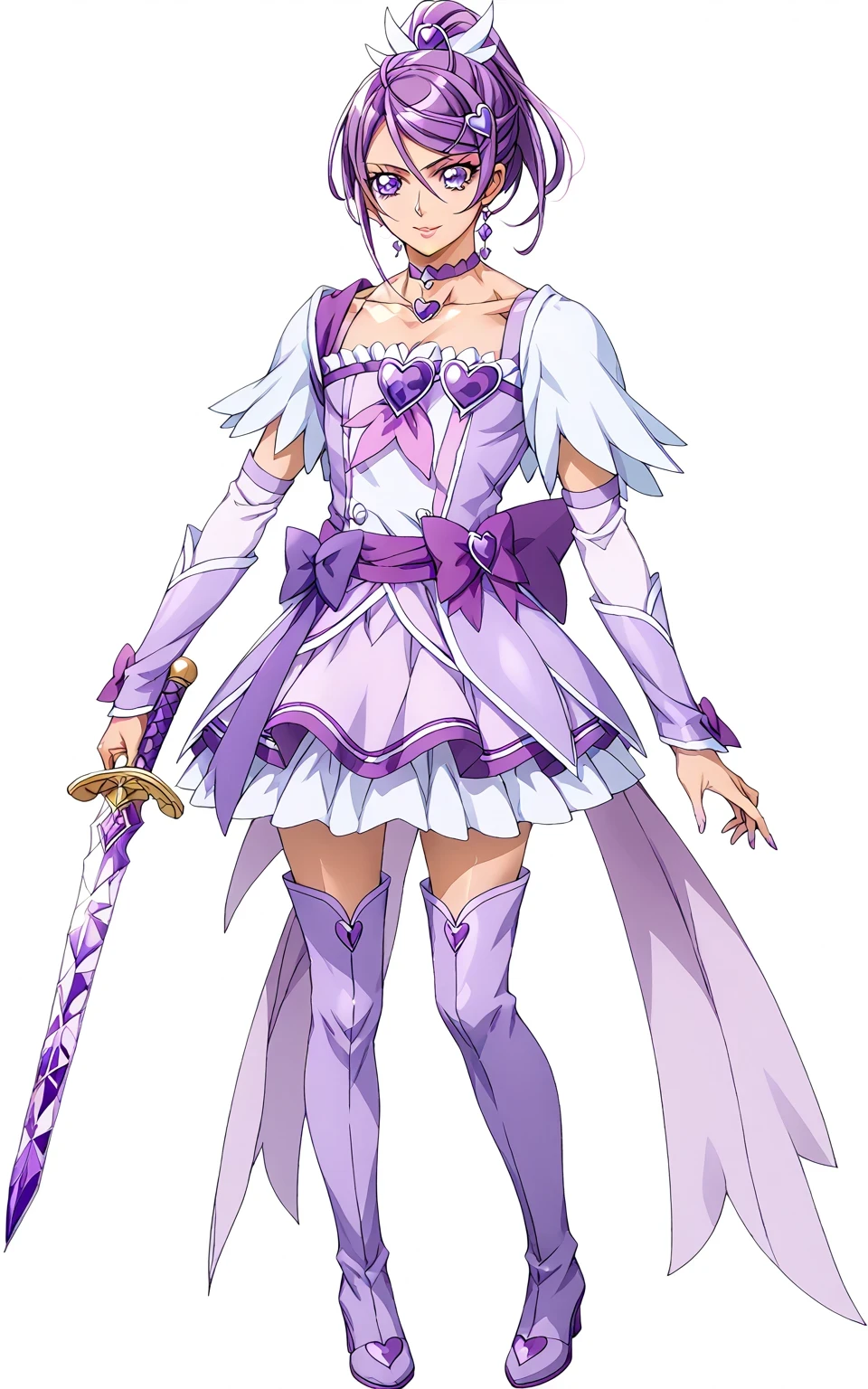 score 9 、score 8 up、score 7 up、source anime、傑作、Best quality、Best resolution、best image quality、anime coloring、anime screencap、anime screenshot、official art、1boy、cure sword is a boy、(manly face:1.6)、solo、boy is wearing a purple dress、short purple hair boy、sparking purple eyes、high short ponytail hair、spade shape hair ornament、solo、amethyst prince、anime prince、 purple skirt、mini skirt、high cut skirt、collarbone、trapezius、white shoulder pads、purple neckwear、heart brooch、purple choker、purple Arm warmers、purple detached sleeves、purple waist bow、bare thighs、thigh muscles、semitendinosus muscles、covered hamstrings、covered adductor magnus muscles、purple thigh high boots、official character art、style of magical boy、masculinization、magical boy、 official fan art、 !!Full body portrait!!、 magical boy style、 王子としての王様讃美歌、 MLP fan art、cure sword outfit、official anime style、official anime artwork、detailed fan art、 magical aura、purple thunder aura、Best resolution、 commission for Best resolution background!、wearing a purple dress、boy wearing purple boots、anime boy is wearing a nice dress、(manly:1.6)、official art style、anime boy、male focus、looking at viewer、solo focus、cowboy shot、(male body:1.6)、