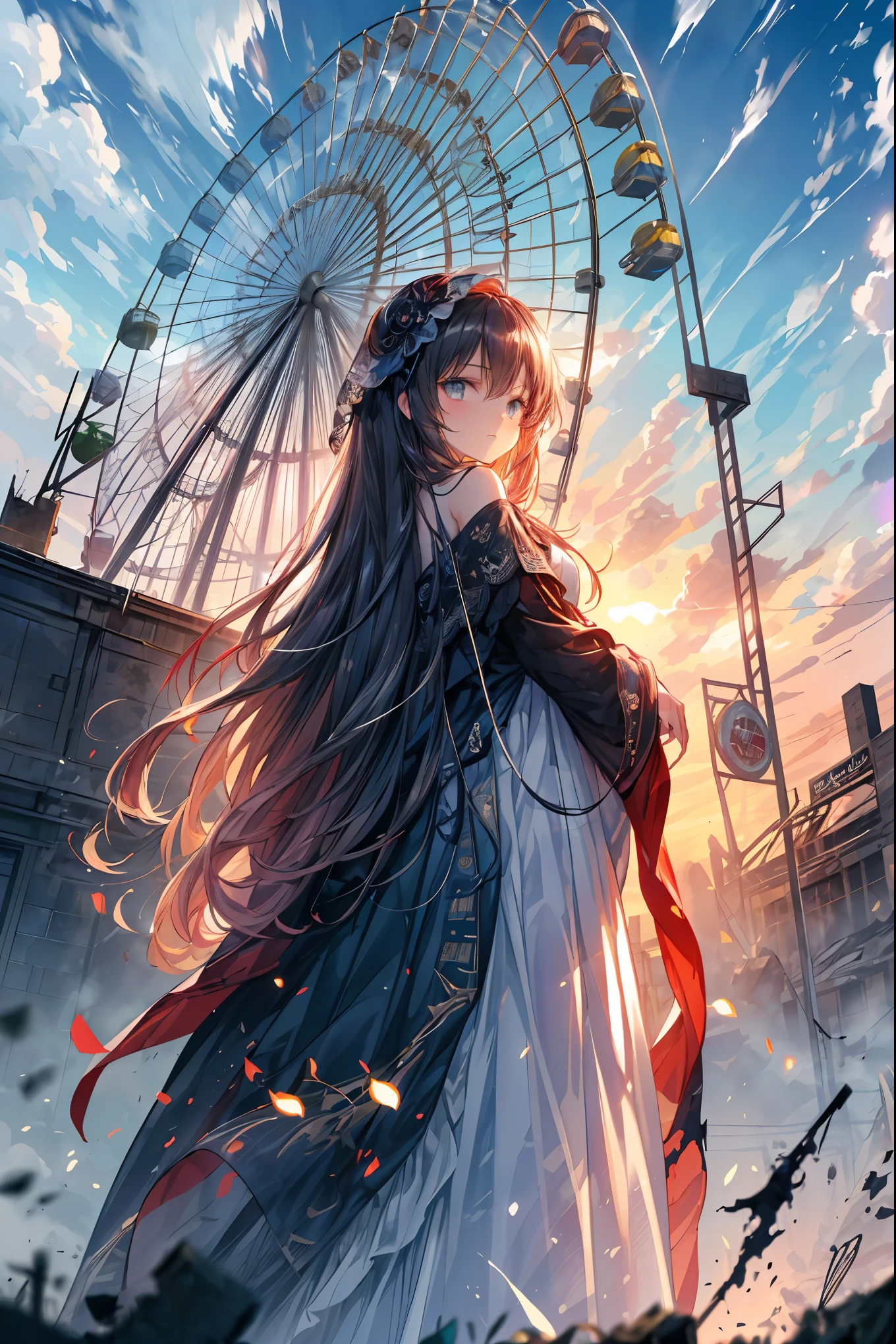 Cinematic、realistic depiction、((Highest Quality)), (Highly Detailed), (High Definition CG Composite 8K Wallpaper), 高いly detailed, 高い-definition raw colbor photos, professional photo shoot, ((from below:1.2)),Depth of Written Boundaries,bright colors,beautiful eyes,A delicate smile,Textured Skin,masterpiece,Kilo,best quality,gentle and beautiful woman, The woman's right arm is watching the machine、((After Human Extinction))、(((Ruined Amusement Park 1.2)))、Apocalyptic Scenery、(((((collapsed ferris wheel 1.4)))))、meteor、空から降り注ぐmeteor、無数のmeteor群、the sky is desolate, fiery blue with orange、 beautiful woman with a sad expression Android、The damaged、or blue glowing eyes、on behalf of extinct humans、staring at rotation in deep depression and quiet observation。Cinematic Lighting、volumetric fog(An apocalyptic scene of fog)、high resolution、textured like a film photo、shallow depth of field、8K