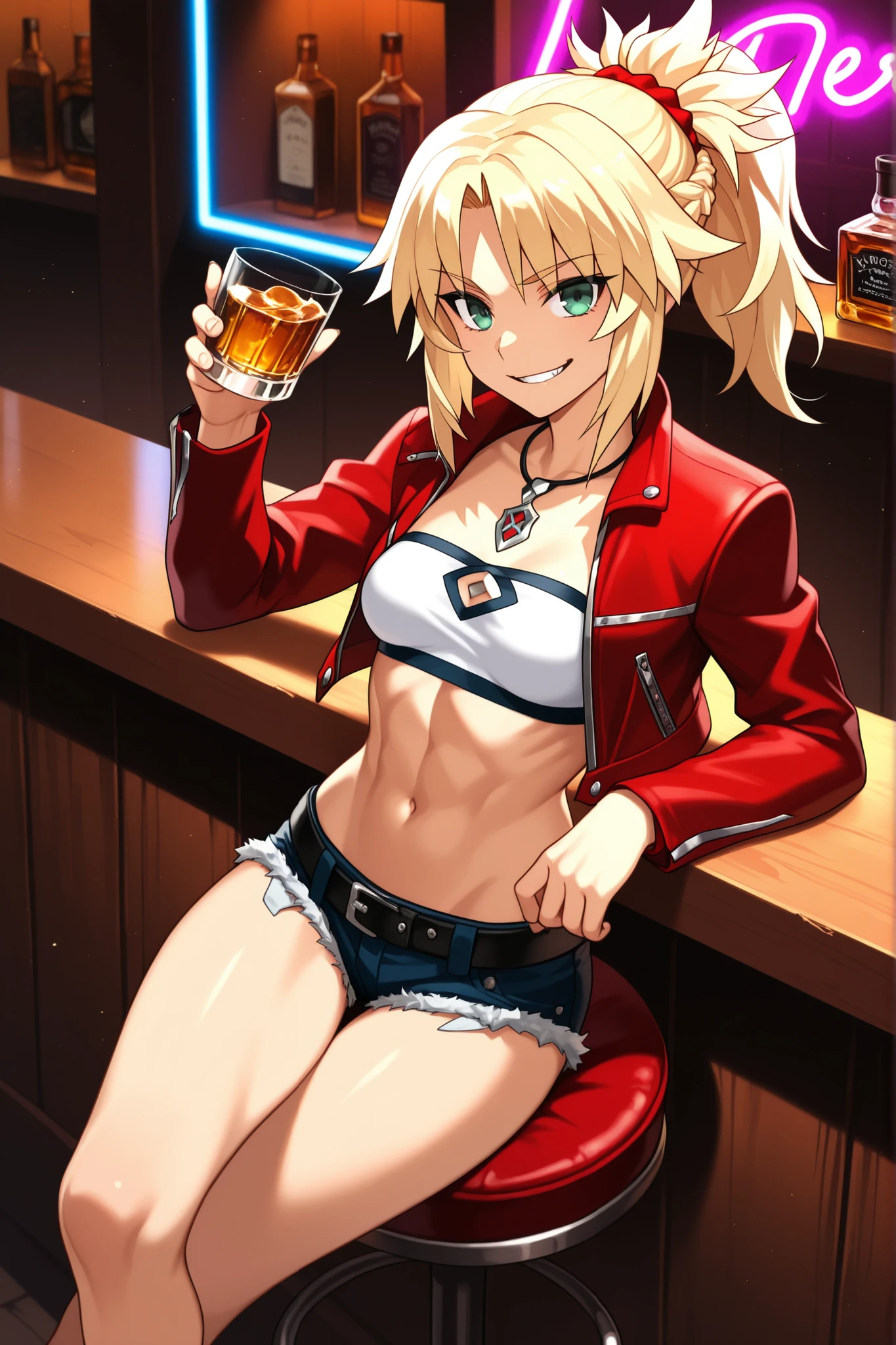 cslMd, blonde hair, green eyes, ponytail, necklace, white tube top, midriff, red jacket, belt, short shorts, denim shorts, sitting on a high stool, leaning on the bar of a bar, bar background, with a glass of whiskey in her hand, sexy smile, high resolution image, masterpiece, the best quality, amazing quality, Mordred, 1girl, neon lights, toned female