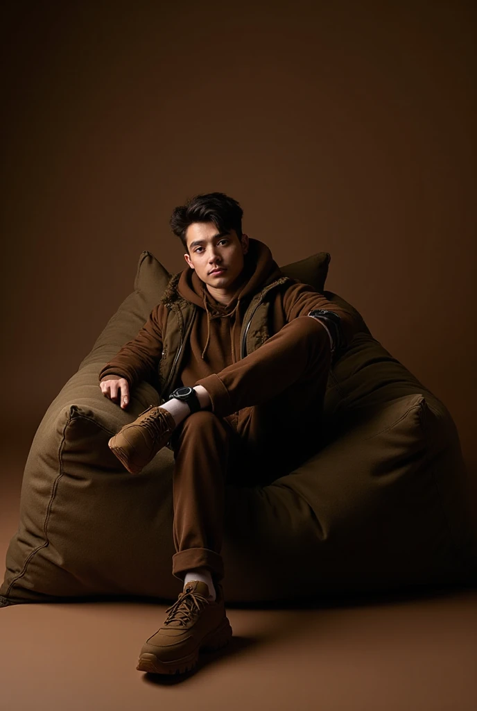 Create a 3D illusion for a profile picture where a cute 25 year old boy in a yellow jacket is sitting comfortably on a King of Beasts throne chair. With a rifle in his hand. And a ferocious lion beside me. Wearing sneakers, he looks ahead. ” RUVRAN ” is written in large, orange neon light font on the dark brown wall in the background. He has no shadow and also has wings to make it look like he is an angel.