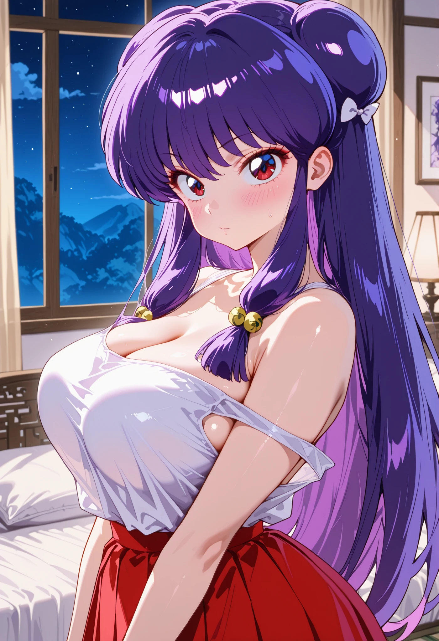 High quality, 1girl, sole female, Shampoo (Ranma 1/2), purple hair, very long hair, hair buns, big eyes, delicate facial features, natural skin texture, seductive, looking at viewer, elegant bedroom with tall windows at night, plain white tanktop, small tanktop, undressing, off shoulder, red pleated skirt, covered breasts, seated with gentle turn of the upper body, arms relaxed, chest softly pushing against taut fabric, from somewhat side, big eyes, perky breasts, cleavage, (tension breasts), face focus, blush, masterpiece, best quality, ultra quality, high detailed, undressing