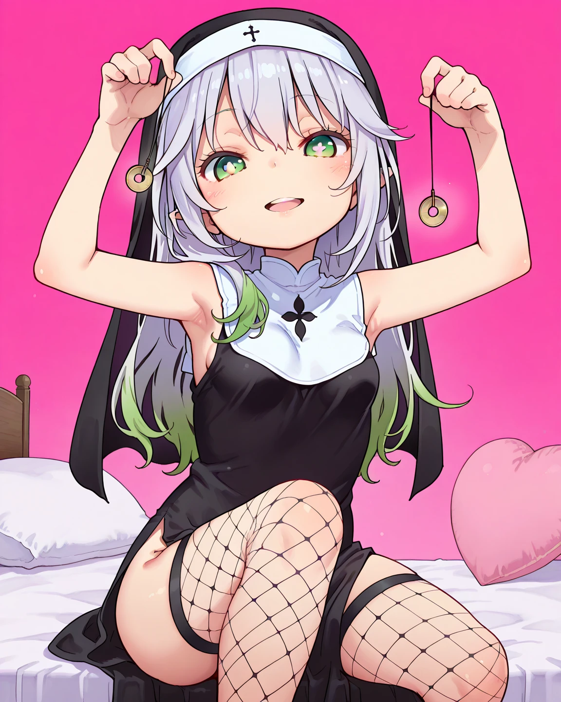 Browsing Caution,((One man and one woman,having Sex)),Woman standing on top,vagina,Sex,Small breasts,Silver Hair,Hair above one eye,Pink Eyes,Plump thighs,tights, corruption,((Fallen Costume)),beret,ribbon,Heart Pendant,Earrings,(masterpiece,Best image quality,Highest quality),Simple Background