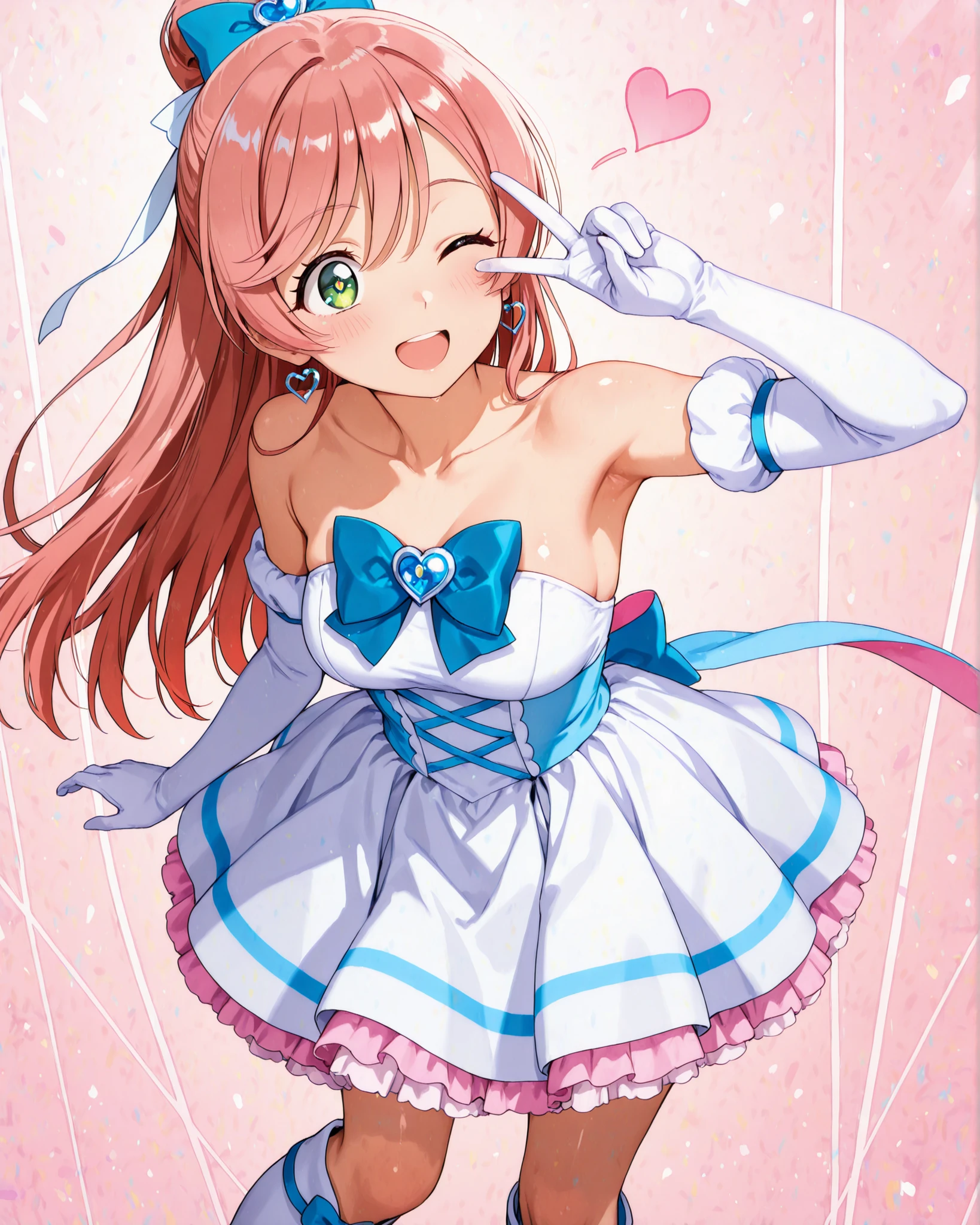 (masterpiece),(Highest Quality),high score,high resolution,unbelievably ridiculous,anime screencap,pastel color,anime,shiny skin,without background,
balanced structure for upper and lower body, Beautiful and highly detailed collarbone line,incredibly detailed beautiful medium boobss,The rainbow is crazy, Magical Girl,pink hair,Bang Hair, high ponytail on glass, very long hair, hair ribbon, WHITE RIBBON, hair bow, Bang, very long fringe,half up,Bang flop to the side,breaks the hair between the eyes,green eyes, Extremely Detailed Beautiful Pupils,Eyebrows visible through hair,medium boobs,heart shaped earrings,shoulder out,sleeveless,blue bow tie,Big blue gem,white gloves,Gloves with armrests,Strapless White Dress,white dress with light blue and pink lines,blue ribbon,blue bow,White Knee Boots,white skirt、Light blue with pink lines in it,pink petticoat ,
She closes one eye、Giving the best wink., incredibly detailed and beautiful big smile.,sideways peace sign next to face.Incredibly Detailed and Beautiful Armpits,,
