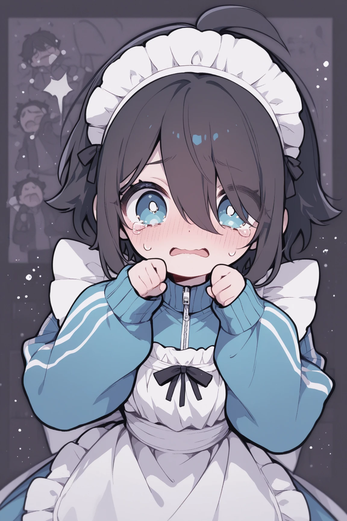 ((masterpiece, best quality)),high resolution,ultra detailed,8k,16k,detailed background, perfect lighting,detailed beautiful eyes,1girl,,embarrassed,blush,look at viewer,steam,sweat,aroused, eye,(from above,from front:1.4),(pov:1.4),face focus,fisheye lens,1boy,1,(),(deep :1.4),(:1.3),:>=,( in mouth),hetero,deep blue hair,blue eyes,dawn \(pokemon\),short stature,pale skin,small breast,house,(flat anime style),white shirt,black sleeveless jacket,red scarf,pink skirt,white beanie,hair ornament,long hair