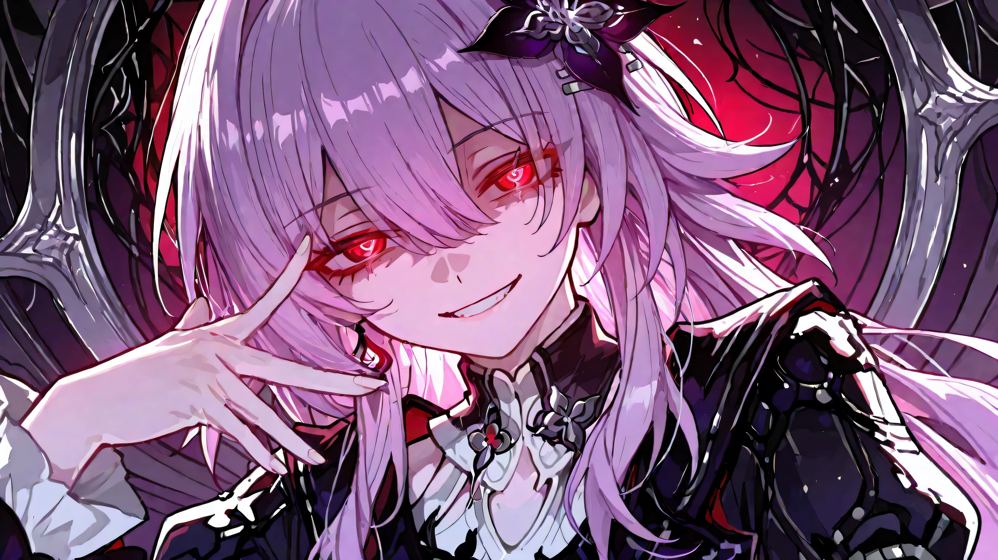 1girl, masterpiece, best quality, ultra detailed, anime style, sharp lines, clean lineart, crisp details, cel shading, high definition, 8k, elegant gothic fantasy vibe, evernight style, honkai star rail character design, intense expression, yandere smile, chaotic energy, emotional, vibrant eyes, glowing red eyes, mischievous grin, dramatic neon accent, lavender hair, pinkish purple highlights, layered long hair, side bangs, dark gothic outfit, black and silver clothing, red accessory, floral motif, intricate fantasy details, celestial ornament, metallic accessories, dramatic lighting, mystical aura, cinematic composition