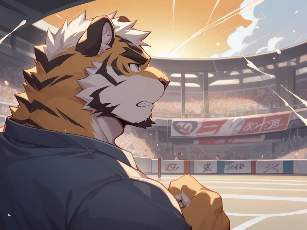 human nature, Wildlife, male,18 years old， solitary, ((Round Face, The face is plump,Orange eyes,Thick orange hair，With scars)), ((Endomorph, Handsome，Hot Blood)), (Sportswear，Clothes Damaged), ((domestic tiger, tiger，) Fluffy fur, Fluffy), Bokeh, (high quality, high resolution, masterpiece), (Dynamic Lighting, Vibrant colors), (Revitalize，Injuried，Disdain), Full body picture (close up), cartoon, author：Takemoto Arashi, From zixiong, By Chunni, author：Empty Ghost，（background：Snowy cities）