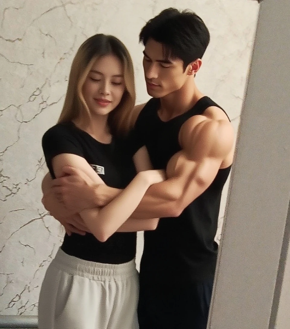 Couple, 1 girl 1 boy, different hair color, long blonde wavy hair no bangs and grey eyes, top, shorts, short black hair and (green eyes) , shirtless and jeans, they are lying in bed. Hug, love,face to face, they look into each other's eyes