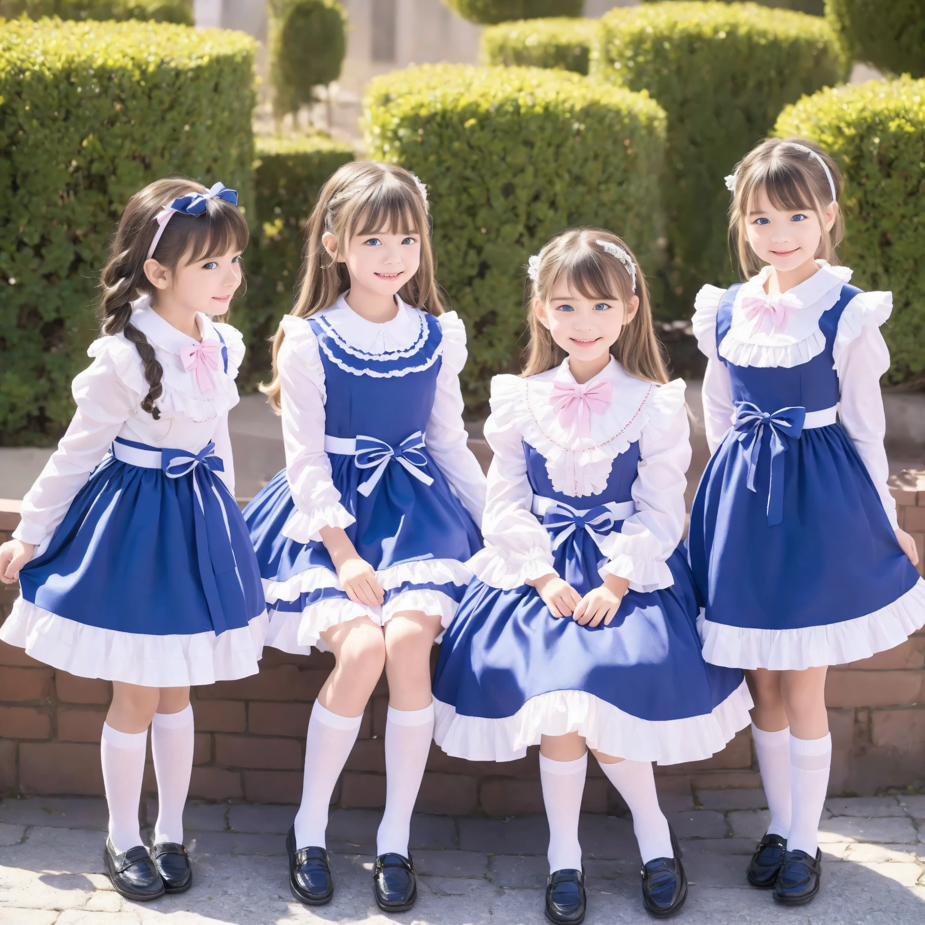 (( Distant view,full body,standing:1.2)),Highest Quality, masterpiece, highest resolution, art work, super それにget used to it, many get used to it, get used to it, それにget used to it, 3k photos,,3 noble ladies sitting across the street indoors,. ((10 year old European girl,blonde long hair,blue eyes:1.2)),get used to an ultra-fine young face,lovely smile,baby-like face,ultra high res,  complicated details,  Back hair tied with a ribbon,smile,pastel-colored dresses adorned in a cute way with ruffles and ribbons, （round large ruffle collar,bow tie,long sleeve,  ruffle sleeve  ,white ruffle blouse,Ruffle placket, ruffles are cute  ,Frilled Skirt,Very Elaborate Costume:1.3),(medium skirt,short balloon skirt)),long black socks with ruffles,black loafers,small breasts,detailed background,