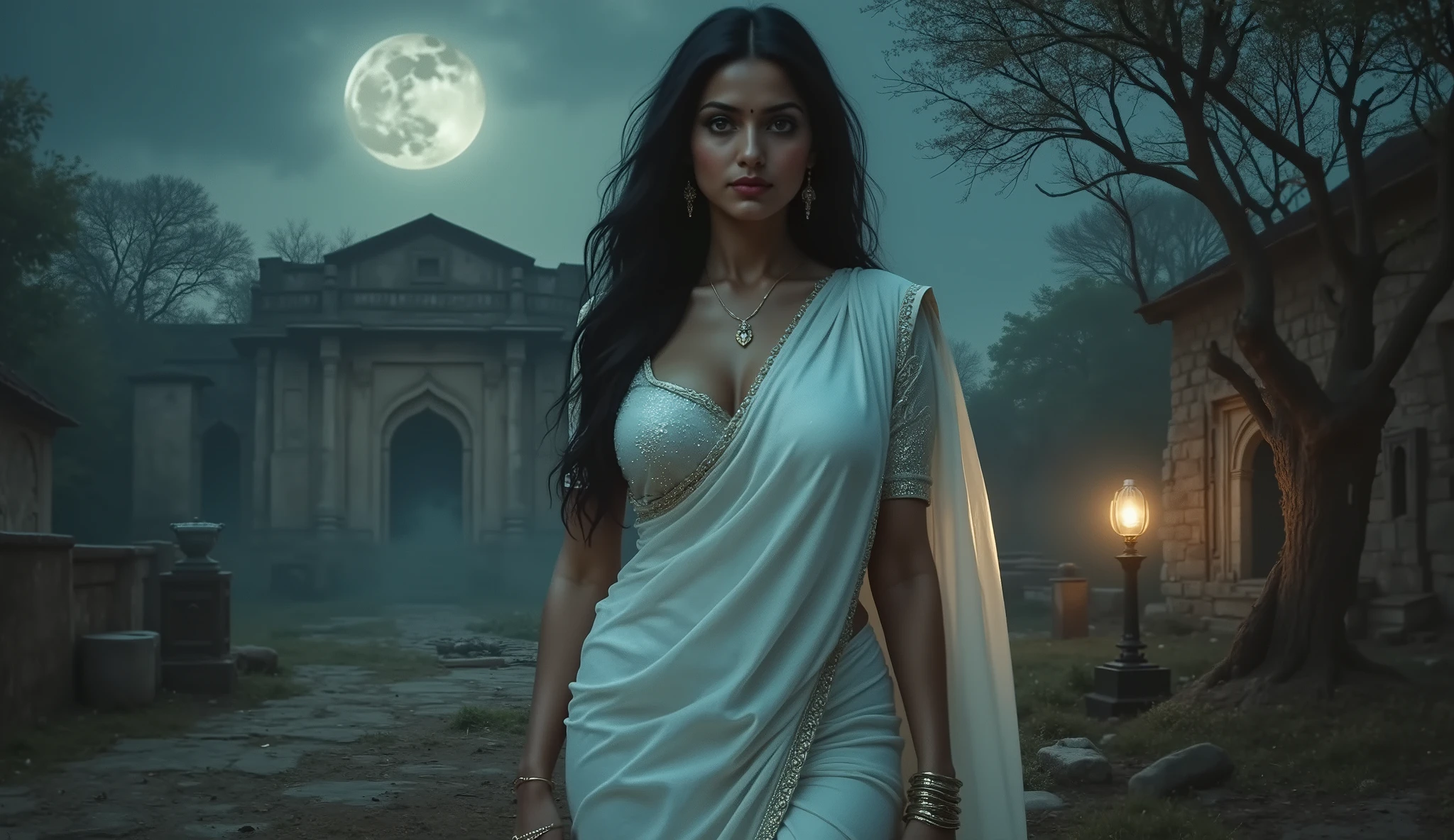 Create a cinematic horror picture 
Background: A spooky collage of India’s most haunted places – Bhangarh Fort ruins under moonlight, Shaniwar Wada palace walls with fire glow, Kuldhara’s abandoned village houses, and a misty cemetery.
Add a ghostly woman in a white saree at the center, glowing eyes, half-transparent.
On the side, show a shadowy soldier spirit in armor, and a faint burning lantern.