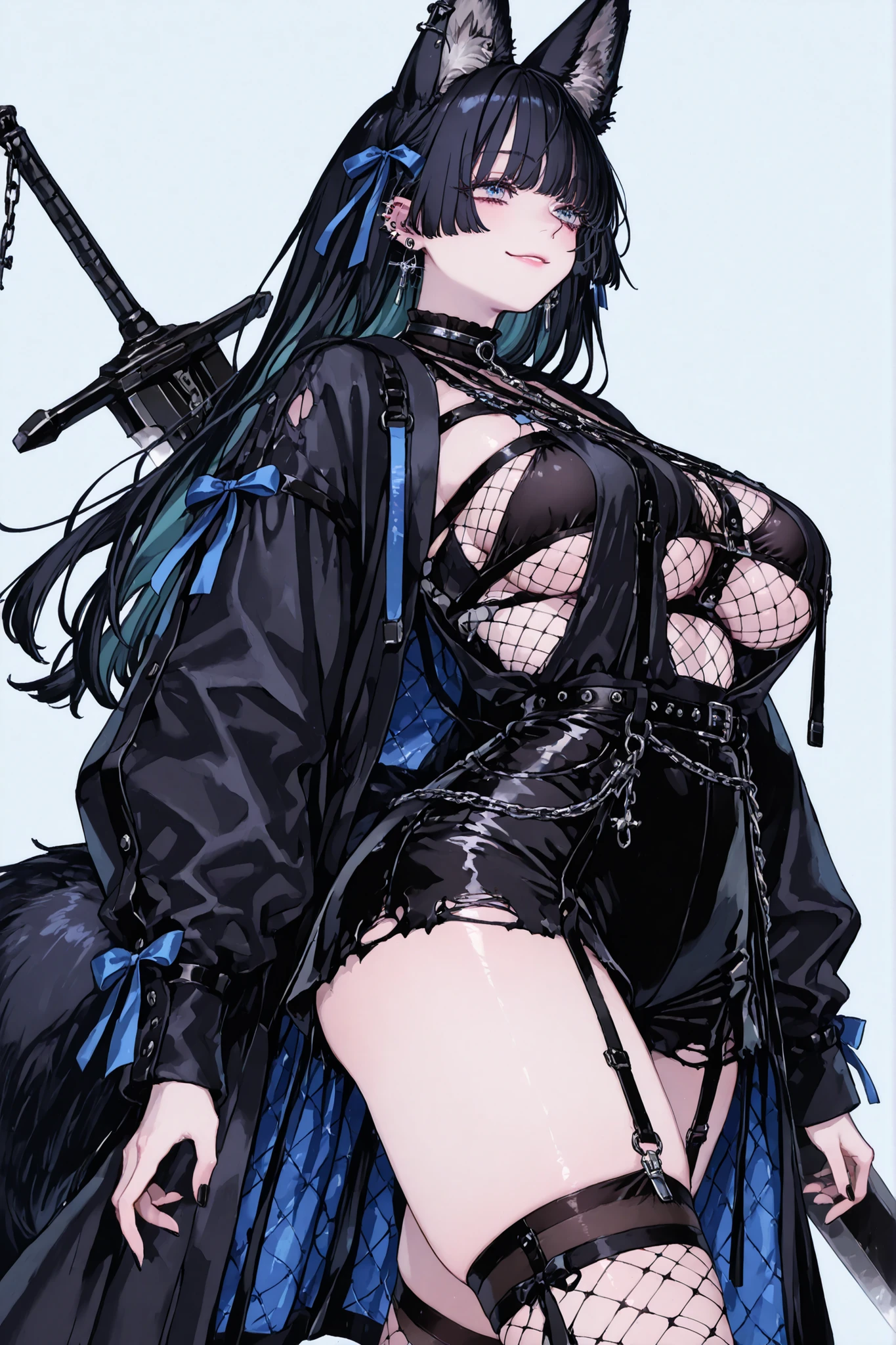 8k wallpaper、 top quality 、masterpiece, 748cm スThailandル 、 lacey black bralette with fishnet top beneath, woman 1 person、ribbon、piercings and earrings on her ears, black ripped punk shorts、 cute black oversized coat with puffy sleaves with open sholders 、cute big bow on her back, long fox tail with cute details, chains and Accessories on it, dark pantyhose and fishnet、 black knee socks 、rororogi mogera、 style strap 、 Thailand、 pantyhose、、black hair with pastel lavanda lines、black eyelashes 、 long black hair with lavanda tips、 Underbob 、blue ribbon bow in the head、 Pretty pastel mint Eyes、 wide hips、Protruding thighs 、 pale pinky skin, very 、close up, Light blue background 、open area dress, simple background、lazy smile、 high detail design, standing up、boob window, walking pose, clothes, fullbody, long fox ears, huge sword on her back, punk style clothes, fishnet top, fishnet stocking, big cute black sport plataform sneakers, street's style, long hair