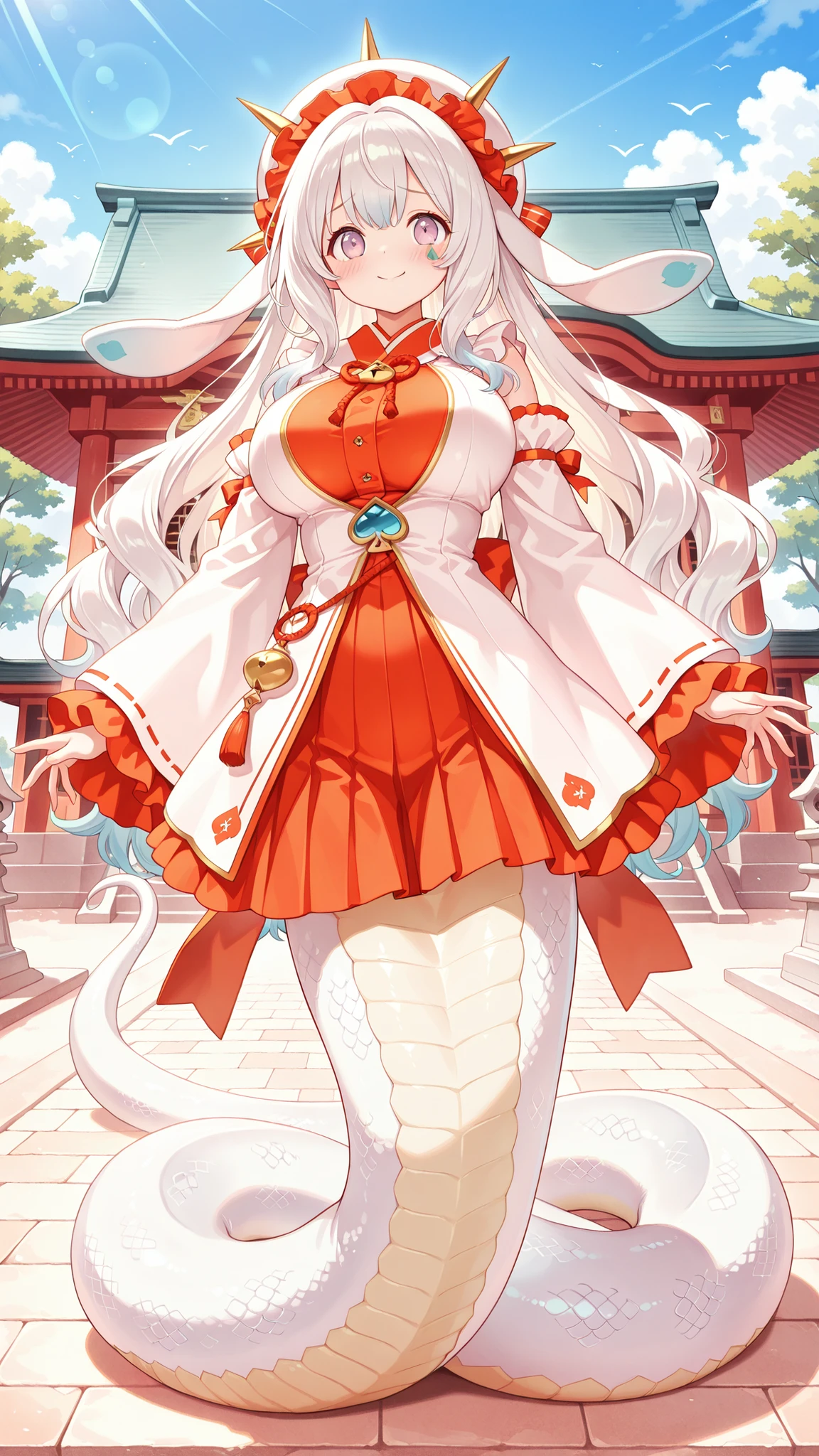 1 female, big boobs,Malicious Chess March Rabbit,blush,White hair,日式Shrine Maiden Suit,Shrine Maiden Suit,Shrine girl clothes,full body photo of the grade,masterpiece,HD,very beautiful,cute,absurd,(five fingers),The lower half of the body of a beautiful woman,lamia,white snake tail ,The lower half of the body is a white snake tail,Smile,Shy,No legs, short fluffy hair