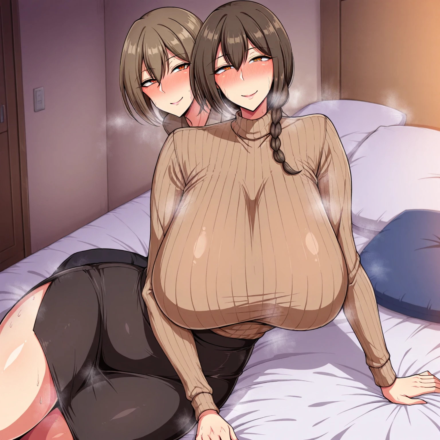 2 heads, a short skinny woman with 2 heads. In a bedroom during the winter. Big ????. Wearing tiny bra. Wearing thigh socks. Seductive. Big messy brown hair. Young teenager. Cute thin face. Smirking. Blushing. ???????. Huge ????? ???????. Sweating. Blushing. In love. Tiny petite small body. ??????. Extremely wide ????, extremely thin waist. Tiny woman. Huge ?????.
