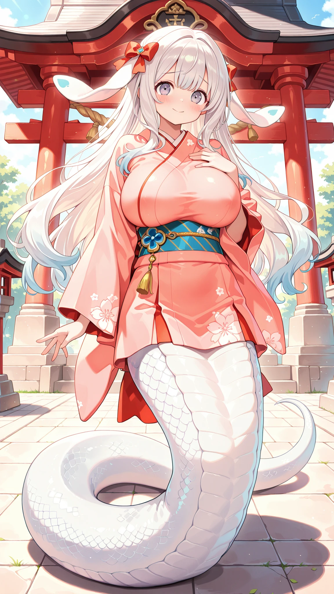1 female, big boobs,Malicious Chess March Rabbit,blush,White hair,日式Shrine Maiden Suit,Shrine Maiden Suit, kimono,full body photo of the grade,masterpiece,HD,very beautiful,cute,absurd,(five fingers),The lower half of the body of a beautiful woman,lamia,white snake tail ,The lower half of the body is a white snake tail,Smile,Shy,No legs, short fluffy hair