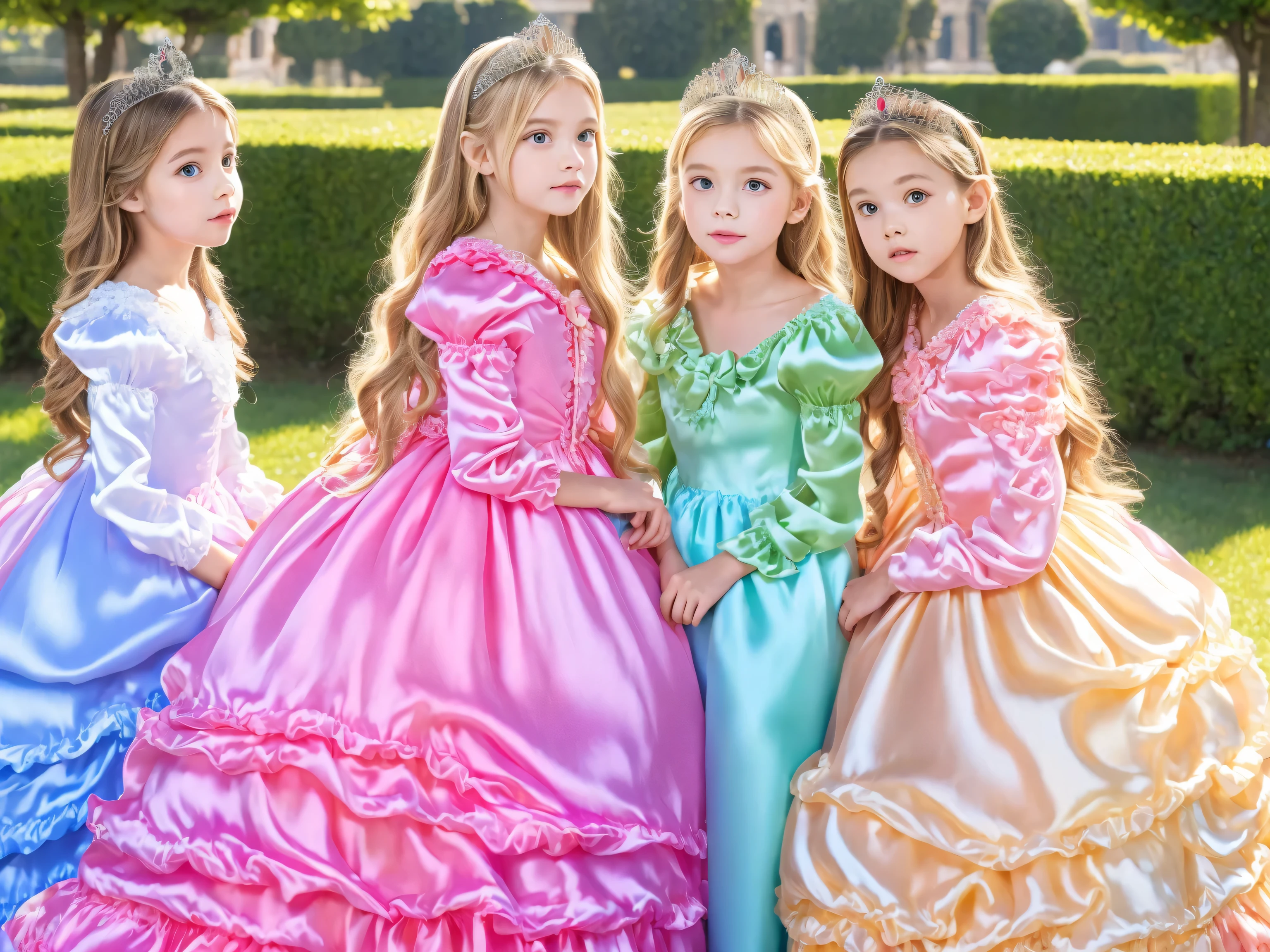 ,Highest Quality, masterpiece, highest resolution, Artwork, super それにget used to it, many get used to it, get used to it, それにget used to it, 3k photos,,((10 years old,Little Girls:1.1)),,((Get used to the ultra-fine young face,blonde long hair)),The three are princesses,((Shiny Colorful Silk Satin Princess Dress)),Long Ball Gown Dress with Hoop Skirt,ruffled yoke collar,puff sleeve,long sleeve,((Lolita Style Hot Pink、Princess Satin Dress with Details、lots of ruffles and bows)),Rococo Fashion,,Soft Smooth Fabric,luxury,long blonde hair,blue eyes, WHITE SKINED EUROPEAN  , European palaces  , high quality background ,