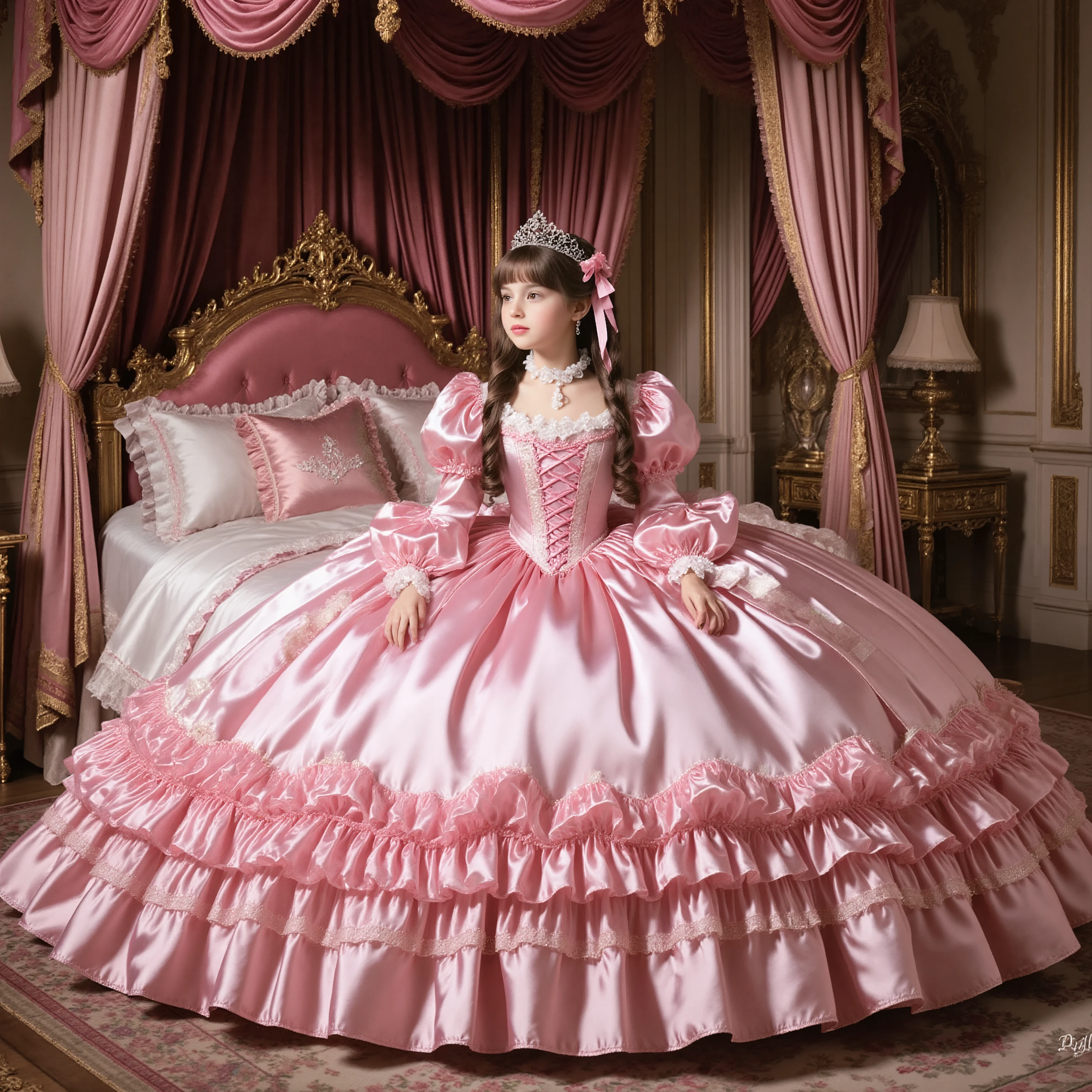 realistic,Highest Quality, masterpiece, highest resolution, art work, super Get used to it, many teeth, teeth, Get used to it, romantic,Woman, 10 years old,少女teeth王女です, Pink Victorian Dress , ((Gorgeous Princess Rococo Ball Gown Dress With A Voluminous Full Length Hoop Skirt)),long sleeve,long dress,Dress with lots of ruffles and bows,luxury,((Palace Bedroom)),後ろにteethビクトリア様式の大きな天蓋付きベッド,Pink Silk Satin Sheets,((Soft Duvet,Round and bulging Soft Duvet,Ruffle Comforter:1.0)),Silk Satin Ruffle Pillow,ベッドにteethたくさんのフリル付き枕,