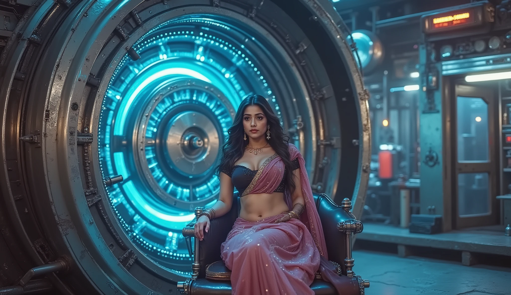 "A futuristic laboratory filled with glowing neon lights and mysterious gadgets. At the center stands a massive, ancient-yet-advanced looking time machine – a circular metallic structure with rotating rings, glowing blue energy, and sparks of electricity.

Inside the machine, a 25-year-old Indian girl with long hair, wearing a modern outfit mixed with a touch of traditional jewelry (like small jhumkas or bangles), sits nervously on a metallic chair. Her eyes reflect both fear and excitement.