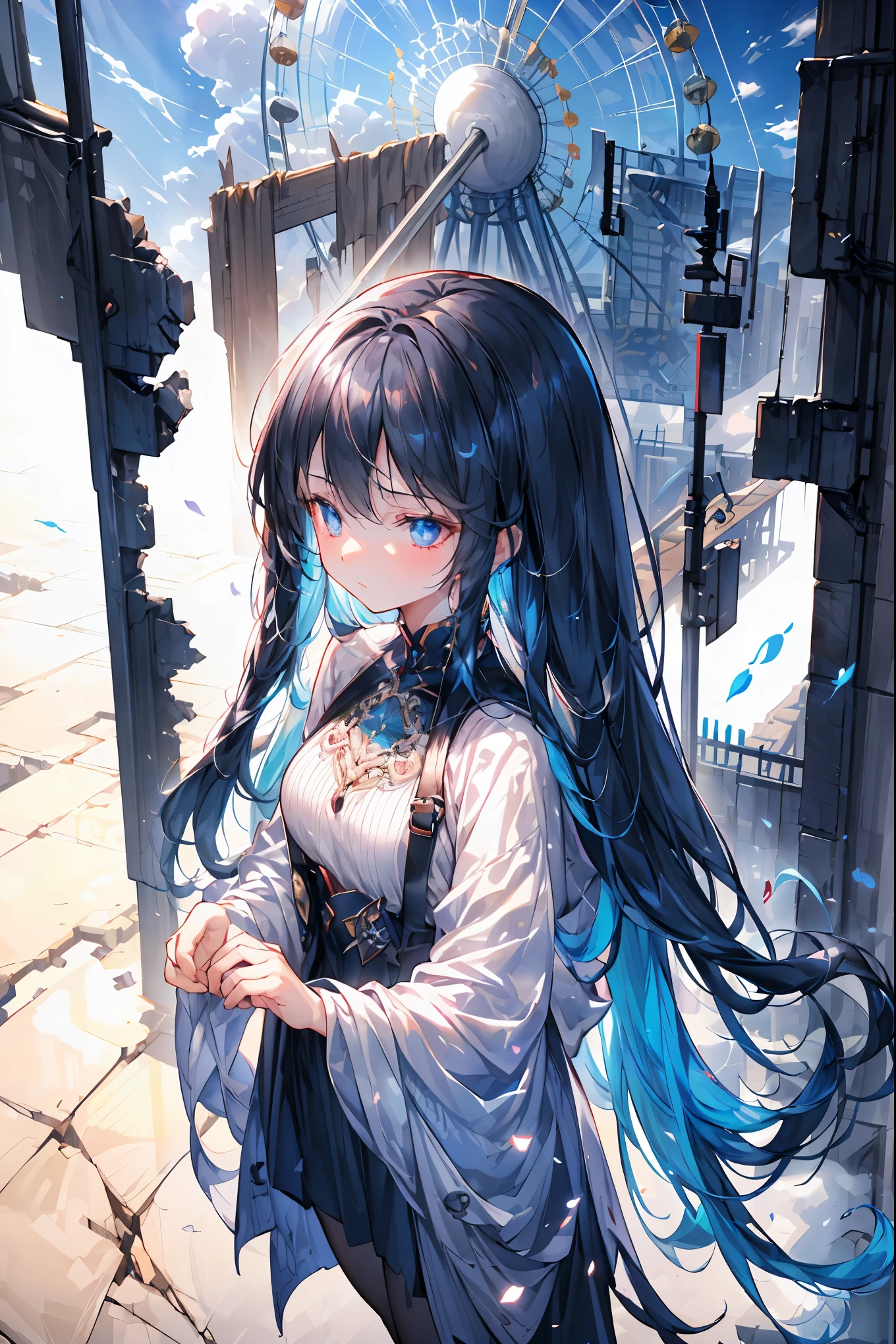 Cinematic、realistic depiction、((Highest Quality)), (Highly Detailed), (High Definition CG Composite 8K Wallpaper), 高いly detailed, 高い-definition raw colbor photos, professional photo shoot, ((from above:1.2)),Depth of Written Boundaries,bright colors,beautiful eyes,A delicate smile,Textured Skin,masterpiece,Kilo,best quality,gentle and beautiful woman, The woman's right arm is watching the machine、Carousel 、((After Human Extinction))、(((Ruined Amusement Park 1.2)))、Apocalyptic Scenery、(((((collapsed ferris wheel 1.4)))))、meteor、空から降り注ぐmeteor、無数のmeteor群、the sky is desolate, fiery blue with orange、 Beautiful Woman with a Sad Expression Android、The damaged、or blue glowing eyes、on behalf of extinct humans、spin in deep melancholy and quiet surveillance。Cinematic Lighting、volumetric fog(An apocalyptic scene of fog)、high resolution、textured like a film photo、shallow depth of field、8K