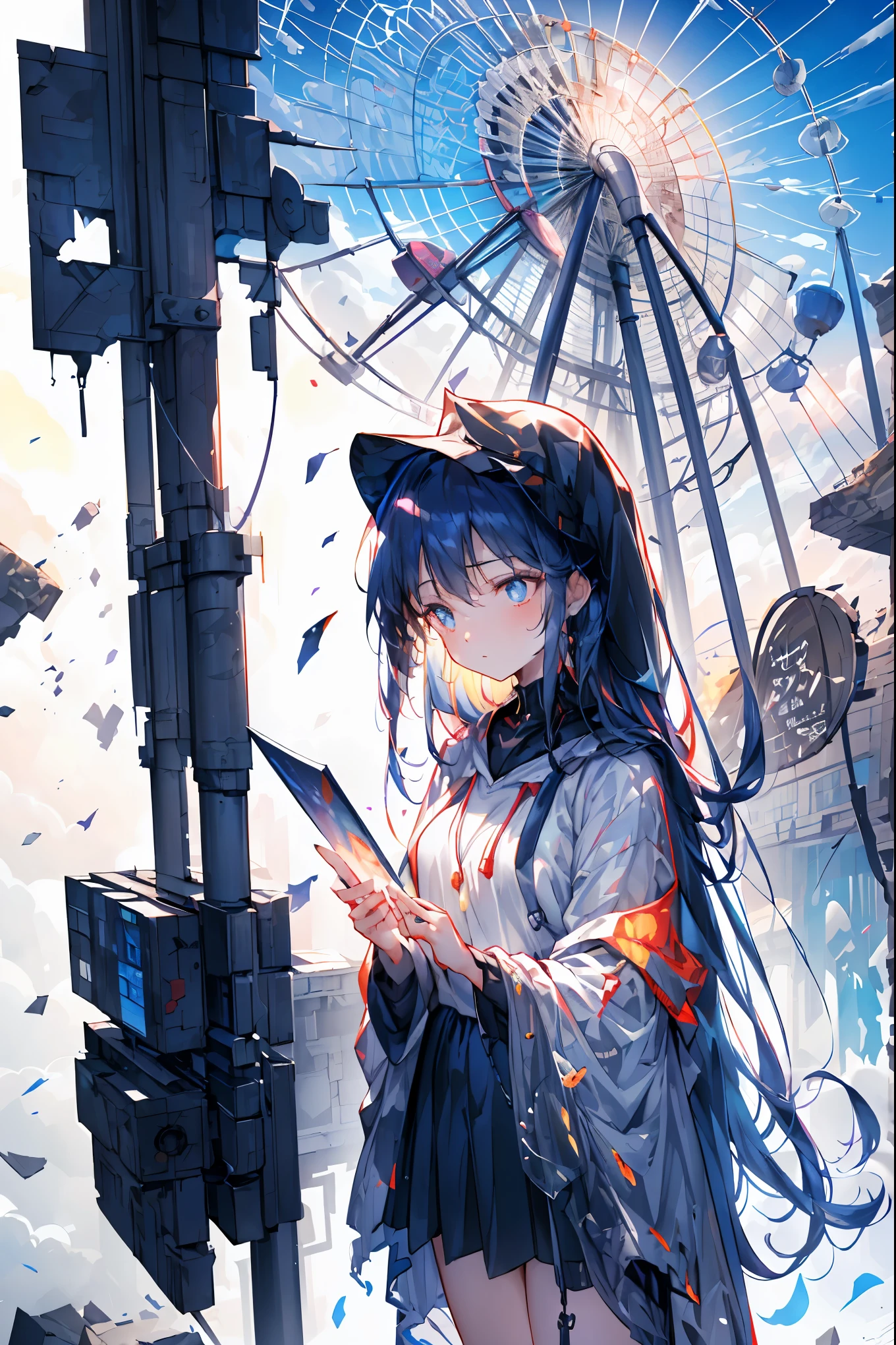 Cinematic、realistic depiction、((Highest Quality)), (Highly Detailed), (High Definition CG Composite 8K Wallpaper), 高いly detailed, 高い-definition raw colbor photos, professional photo shoot, ((from above:1.2)),Depth of Written Boundaries,bright colors,beautiful eyes,A delicate smile,Textured Skin,masterpiece,Kilo,best quality,gentle and beautiful woman, The woman's right arm is watching the machine、Carousel 、((After Human Extinction))、(((Ruined Amusement Park 1.2)))、Apocalyptic Scenery、(((((collapsed ferris wheel 1.4)))))、meteor、空から降り注ぐmeteor、無数のmeteor群、the sky is desolate, fiery blue with orange、 Beautiful Woman with a Sad Expression Android、The damaged、or blue glowing eyes、on behalf of extinct humans、spin in deep melancholy and quiet surveillance。Cinematic Lighting、volumetric fog(An apocalyptic scene of fog)、high resolution、textured like a film photo、shallow depth of field、8K
