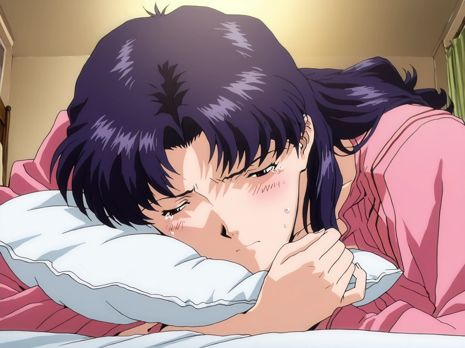 ,kyoko,score_9,score_8_upper,score_7_upper,sauce_アニメ,One girl,alone,Distract from the viewer、Hospital bed、Lying down、Pink Sweater,White collared shirt,length_skirt,blue skirt,Embarrassing、Rolled up skirt、Panties、Covered in semen、Covered in semen、Covered in semen、Semen on face、