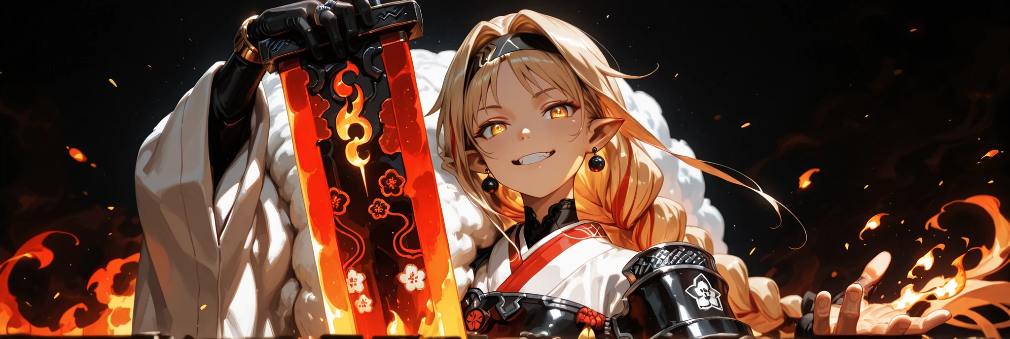 A short, solitary male character, a young teenager, about 1.5 meters tall. He stands alone against a deep black background, making him stand out vividly. His physique, face, and height are exactly like Lloyd de Saloum.

He has long blond hair, styled exactly like Alice Zuberg's from Sword Art Online, with a braid tied in the middle with a black ribbon before flowing freely. A black headband, identical to Alice Zuberg's, rests on his head. His golden eyes shine brightly. His expression is provocative and confident, marked by a bold, mocking smile. He has pointy ears and a golden monkey tail. Blonde hair. Blonde hair

Outfit:
He wears an ornate white Chinese robe. Draped over his right shoulder is a flowing golden fur cloak (like Sesshoumaru’s), soft and radiant like a divine cloud, falling almost to the ground along his back. The cloak is fastened with gold medals and chains that cross to his left shoulder. He has a golden pauldron on his left shoulder with the design of an oni face.

Weapon:
In his right hand, he firmly grips a gigantic Japanese greatsword with a golden blade and black details on the blade with three black rings attached to the blade. The guard and hilt of the greatsword are black and there is dark energy emanating from the blade.

In his left hand, he holds a golden flame with glowing points, radiating power. In his left hand, he holds a golden flame with glowing points, radiating power. In his left hand, he holds a golden flame with glowing

Pose and Atmosphere:
He assumes a bold, dynamic battle stance, facing the viewer directly with a playful yet arrogant look. His left hand conjures a golden sphere of energy streaked with glowing red sparks, radiating raw power.

Atmosphere and Style:
Male character, youthful energy.
Ultra-detailed, sharp, clean anime style. Deep black background with cinematic lighting accentuating his short stature and powerful aura. Golden jeweled earrings glimmer in the light.

The character is a boy. The character is male.