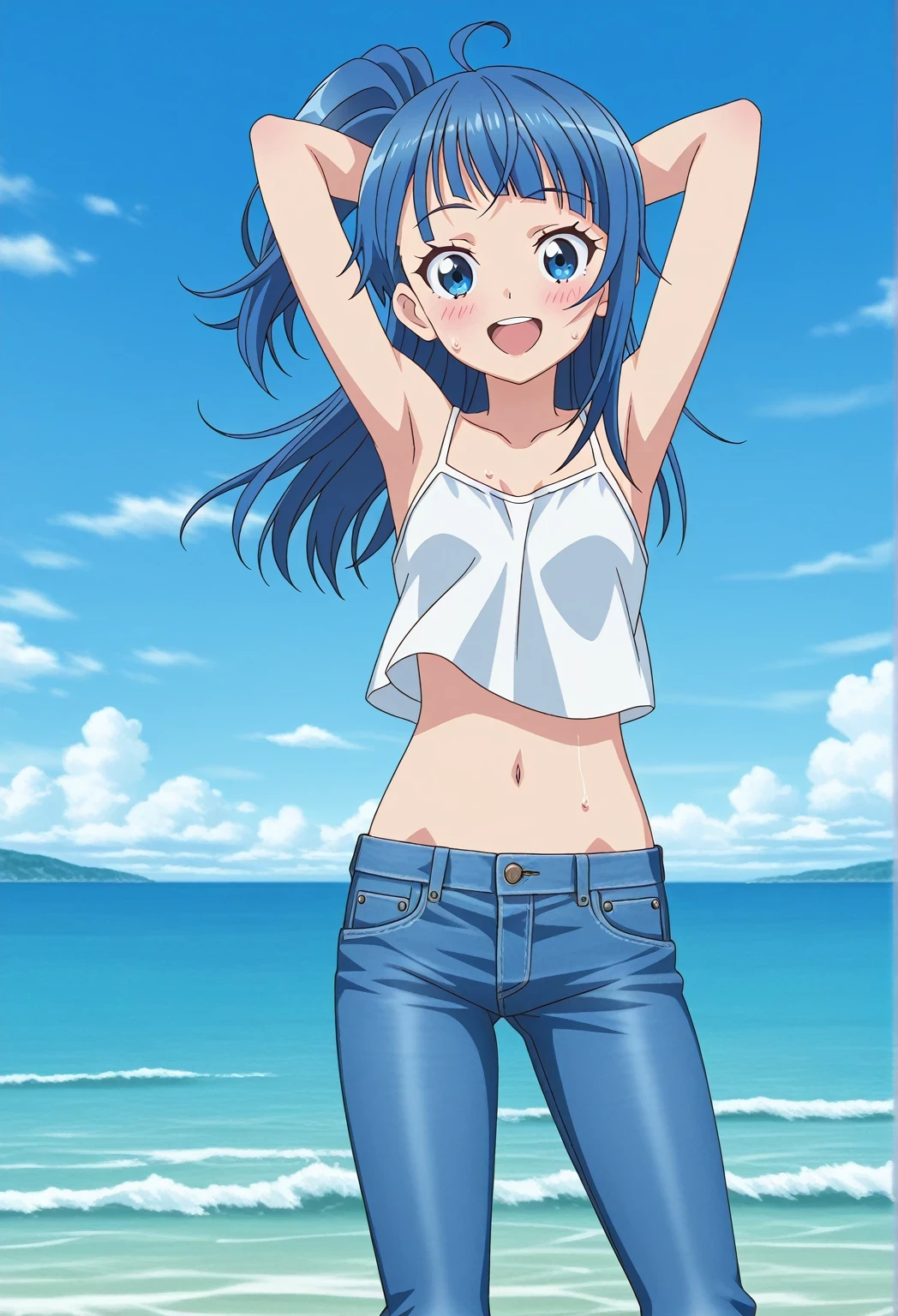 score_9, score_8_up, score_7_up, source_anime, highres, hi res, ((best quality, top quality, perfect quality, Highest Quality, amazing quality)), {{masterpiece}}, {{an extremely delicate and beautiful}}, 2d, intricate details, official style, anime, 8k, anime style, official_anime, official art, digital painting, cell shading, soft shading, high resolution, soothing tones, Subdued Color, Soft cinematic light, adobe lightroom, photolab, HDR, intricately and hyper-detailed, ((high quality animation)), 1 girl, Alone, solo, ((ocean)), tsunami, on the water, day, sunny, outdoors, sky, windy, sora harewataru, blue eyes, blue hair, ((long hair:1.4)), ahoge, anime screencap, small breasts, white camisole top, crop top, white crop top, best quality, hyper-detailed jeans, ((blue jeans:1.9)), (dark blue jeans:0.6), full medium body, medium shot, Open mouth, smiling, happy face, blush, sweat, standing, ((arms behind head:6.0)), ((hair separate from arms:3.5)), bowlegged, sliding pose, action, looking at viewer, spread legs, Bend knees slightly, straight-on front view