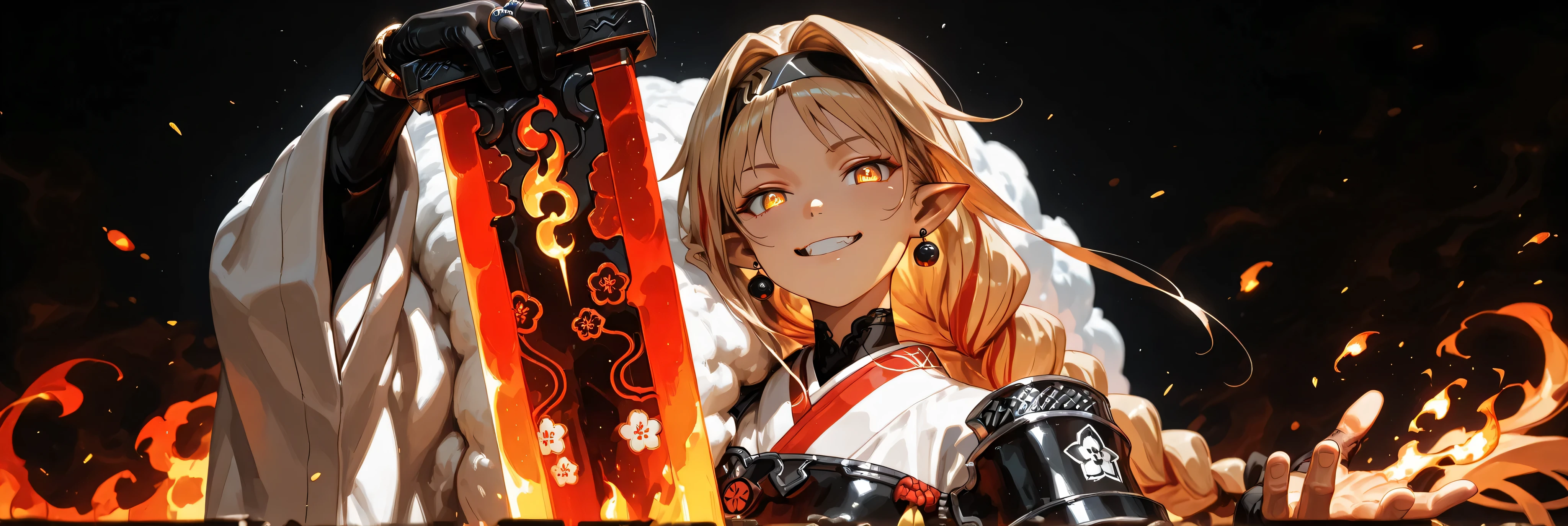 A short, solitary male character, a young teenager, about 1.5 meters tall. He stands alone against a deep black background, making him stand out vividly. His physique, face, and height are exactly like Lloyd de Saloum.

He has long blond hair, styled exactly like Alice Zuberg's from Sword Art Online, with a braid tied in the middle with a black ribbon before flowing freely. A black headband, identical to Alice Zuberg's, rests on his head. His golden eyes shine brightly. His expression is provocative and confident, marked by a bold, mocking smile. He has pointy ears and a golden monkey tail. Blonde hair. Blonde hair

Outfit:
He wears an ornate white Chinese robe. Draped over his right shoulder is a flowing golden fur cloak (like Sesshoumaru’s), soft and radiant like a divine cloud, falling almost to the ground along his back. The cloak is fastened with gold medals and chains that cross to his left shoulder. He has a golden pauldron on his left shoulder with the design of an oni face.

Weapon:
In his right hand, he firmly grips a gigantic Japanese greatsword with a golden blade and black details on the blade with three black rings attached to the blade. The guard and hilt of the greatsword are black and there is dark energy emanating from the blade.

In his left hand, he holds a golden flame with glowing points, radiating power. In his left hand, he holds a golden flame with glowing points, radiating power. In his left hand, he holds a golden flame with glowing

Pose and Atmosphere:
He assumes a bold, dynamic battle stance, facing the viewer directly with a playful yet arrogant look. His left hand conjures a golden sphere of energy streaked with glowing red sparks, radiating raw power.

Atmosphere and Style:
Male character, youthful energy.
Ultra-detailed, sharp, clean anime style. Deep black background with cinematic lighting accentuating his short stature and powerful aura. Golden jeweled earrings glimmer in the light.

The character is a boy. The character is male.