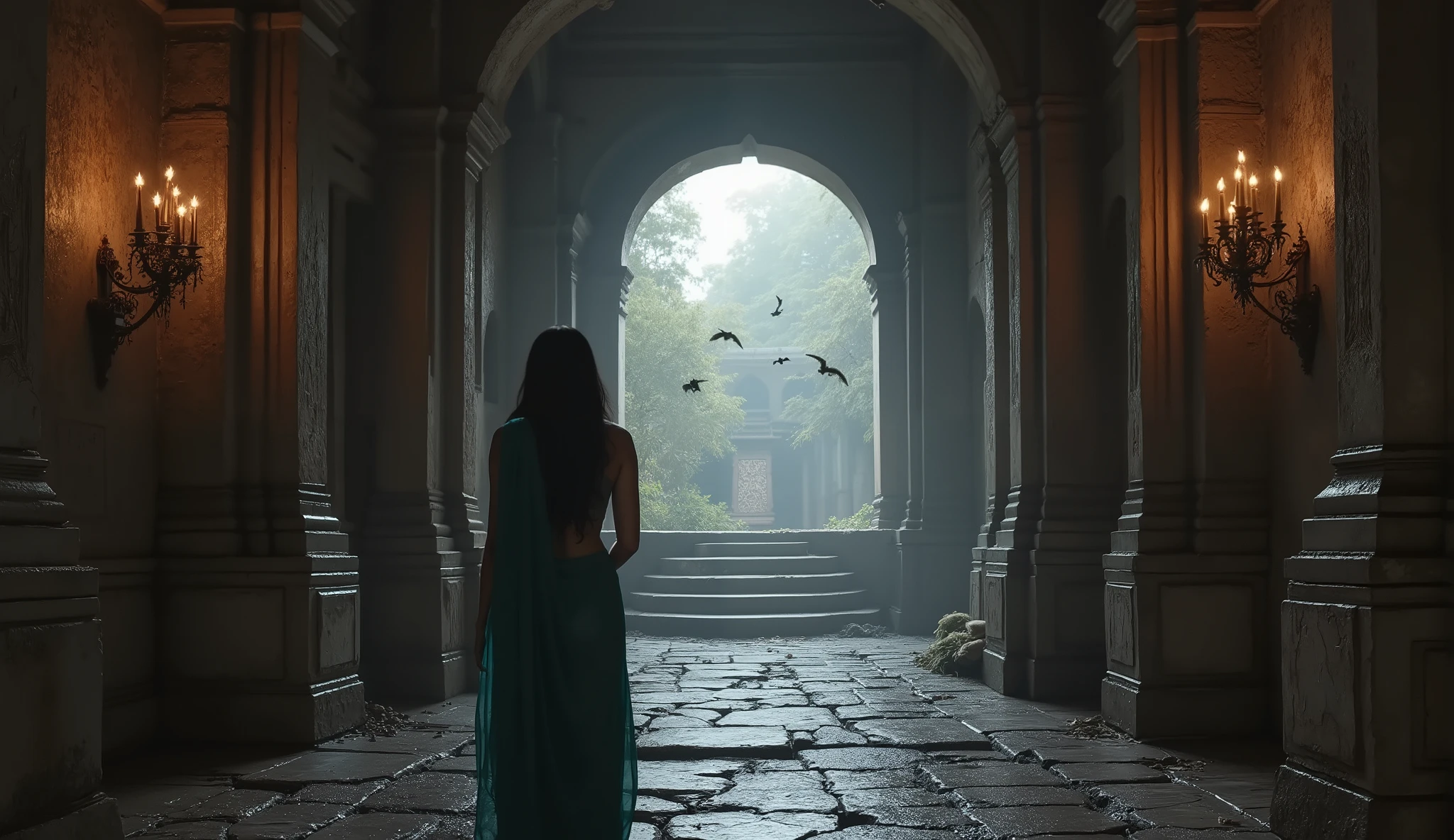 The time machine opens with a blinding flash of light, and the 25-year-old Indian girl steps out cautiously. She finds herself in ancient India, standing at the gates of a gigantic, ruined haunted palace made of black stone.

The palace corridors are dark, with walls covered in faded murals of kings and battles. The sound of dripping water echoes in the silence. Suddenly, hundreds of bats burst out from the ceiling, flying past her with terrifying screeches.

Torches on the walls flicker on by themselves, casting eerie shadows of dancing figures across the cracked stone floors dark 