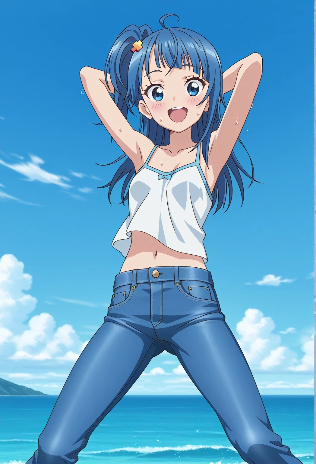score_9, score_8_up, score_7_up, source_anime, highres, hi res, ((best quality, top quality, perfect quality, Highest Quality, amazing quality)), {{masterpiece}}, {{an extremely delicate and beautiful}}, 2d, intricate details, official style, anime, 8k, anime style, official_anime, official art, digital painting, cell shading, soft shading, high resolution, soothing tones, Subdued Color, Soft cinematic light, adobe lightroom, photolab, HDR, intricately and hyper-detailed, ((high quality animation)), 1 girl, Alone, solo, ((ocean)), tsunami, on the water, day, sunny, outdoors, sky, windy, sora harewataru, blue eyes, blue hair, ((long hair:1.4)), ahoge, anime screencap, small breasts, white camisole top, crop top, white crop top, best quality, hyper-detailed jeans, ((blue jeans:1.9)), (dark blue jeans:0.6), full medium body, medium shot, Open mouth, smiling, happy face, blush, sweat, standing, ((arms behind head:6.0)), ((hair separate from arms:3.5)), bowlegged, jumping pose, action, looking at viewer, spread legs, Bend knees slightly, straight-on front view