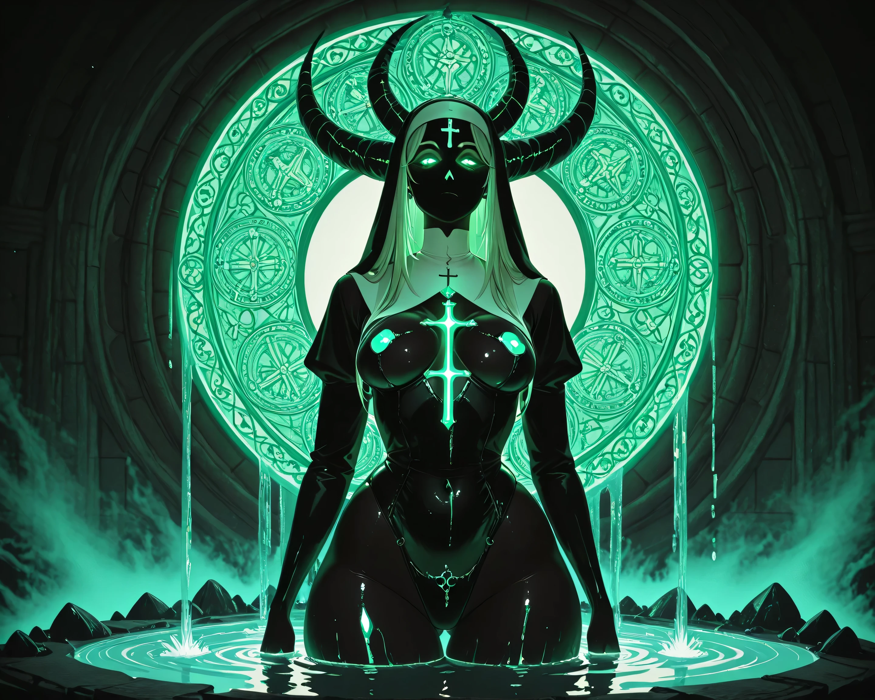 3d (neon light green and violet ),sexy nun, black woman, bare chested, devil horns \(large\), highly detailed, dmt, witch, geodes, glowing eyes, light flowing in and out of her body, flowing glowing water, metal, art nouveau