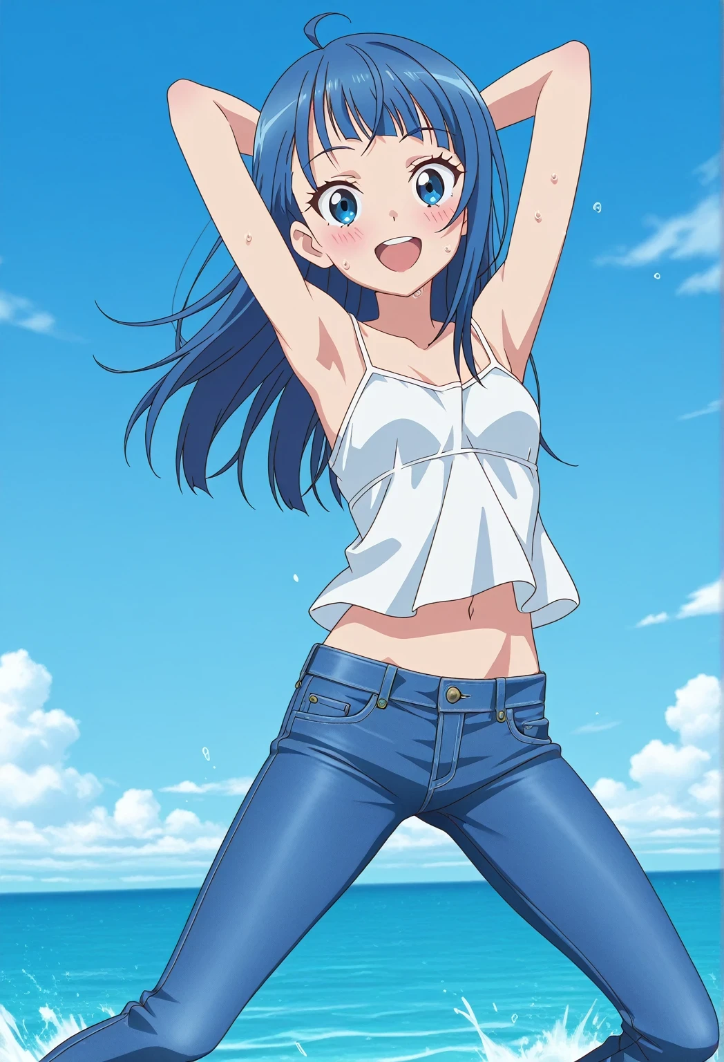 score_9, score_8_up, score_7_up, source_anime, highres, hi res, ((best quality, top quality, perfect quality, Highest Quality, amazing quality)), {{masterpiece}}, {{an extremely delicate and beautiful}}, 2d, intricate details, official style, anime, 8k, anime style, official_anime, official art, digital painting, cell shading, soft shading, high resolution, soothing tones, Subdued Color, Soft cinematic light, adobe lightroom, photolab, HDR, intricately and hyper-detailed, ((high quality animation)), 1 girl, Alone, solo, ((ocean)), tsunami, on the water, day, sunny, outdoors, sky, windy, sora harewataru, blue eyes, blue hair, ((long hair:1.4)), ahoge, anime screencap, small breasts, white camisole top, crop top, white crop top, best quality, hyper-detailed jeans, ((blue jeans:1.9)), (dark blue jeans:0.6), full medium body, medium shot, Open mouth, smiling, happy face, blush, sweat, standing, ((arms behind head:6.0)), ((hair separate from arms:3.5)), bowlegged, jumping pose, action, looking at viewer, spread legs, Bend knees slightly, straight-on front view