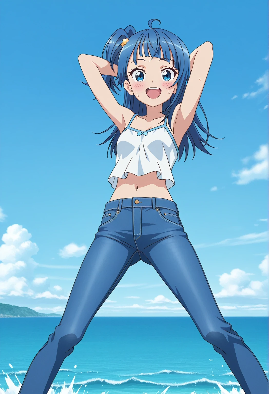 score_9, score_8_up, score_7_up, source_anime, highres, hi res, ((best quality, top quality, perfect quality, Highest Quality, amazing quality)), {{masterpiece}}, {{an extremely delicate and beautiful}}, 2d, intricate details, official style, anime, 8k, anime style, official_anime, official art, digital painting, cell shading, soft shading, high resolution, soothing tones, Subdued Color, Soft cinematic light, adobe lightroom, photolab, HDR, intricately and hyper-detailed, ((high quality animation)), 1 girl, Alone, solo, ((ocean)), tsunami, on the water, day, sunny, outdoors, sky, windy, sora harewataru, blue eyes, blue hair, ((long hair:1.4)), ahoge, anime screencap, small breasts, white camisole top, crop top, white crop top, best quality, hyper-detailed jeans, ((blue jeans:1.9)), (dark blue jeans:0.6), full medium body, medium shot, Open mouth, smiling, happy face, blush, sweat, standing, ((arms behind head:6.0)), ((hair separate from arms:3.5)), bowlegged, jumping pose, action, looking at viewer, spread legs, Bend knees slightly, straight-on front view