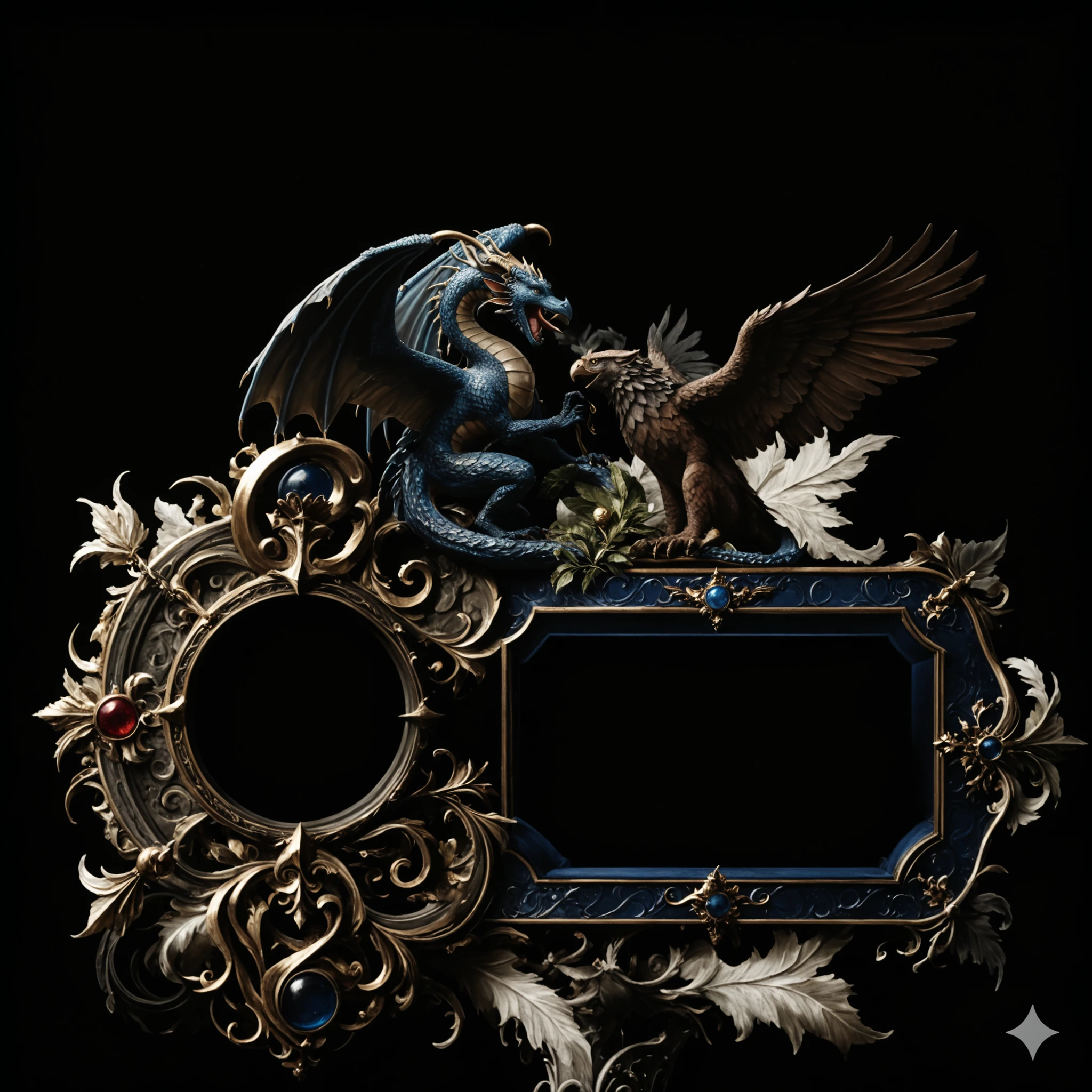 ElvArch,beautiful game ui, rpg text box, elaborate design, beautiful, medieval, blue dragon figthing majestic eagle, fantasy game, stunning, pearlescent, morning, matte painting, by wlop, by artgerm, octane render, trending on artstation, art by greg rutkowski, symmetrical