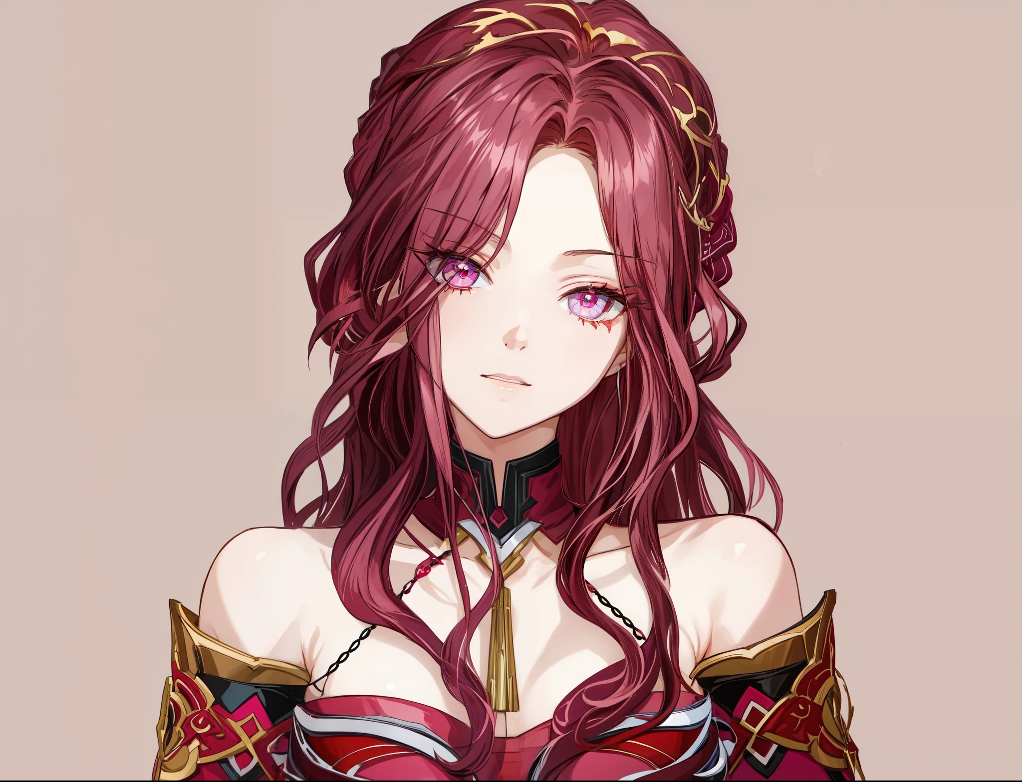 hot pink eyes, burgundy hair, bare shoulders, burgundy clothes, metal chest decoration , 1girl, Masterpiece, close-up, animated face, (beautiful and aesthetic:1. 5), Clean Lineart, perfect line art , Variable Linear Art , clean animated outline, Thick line drawing, No sharp lines, top quality, high quality, top quality, dynamic lighting, HD,