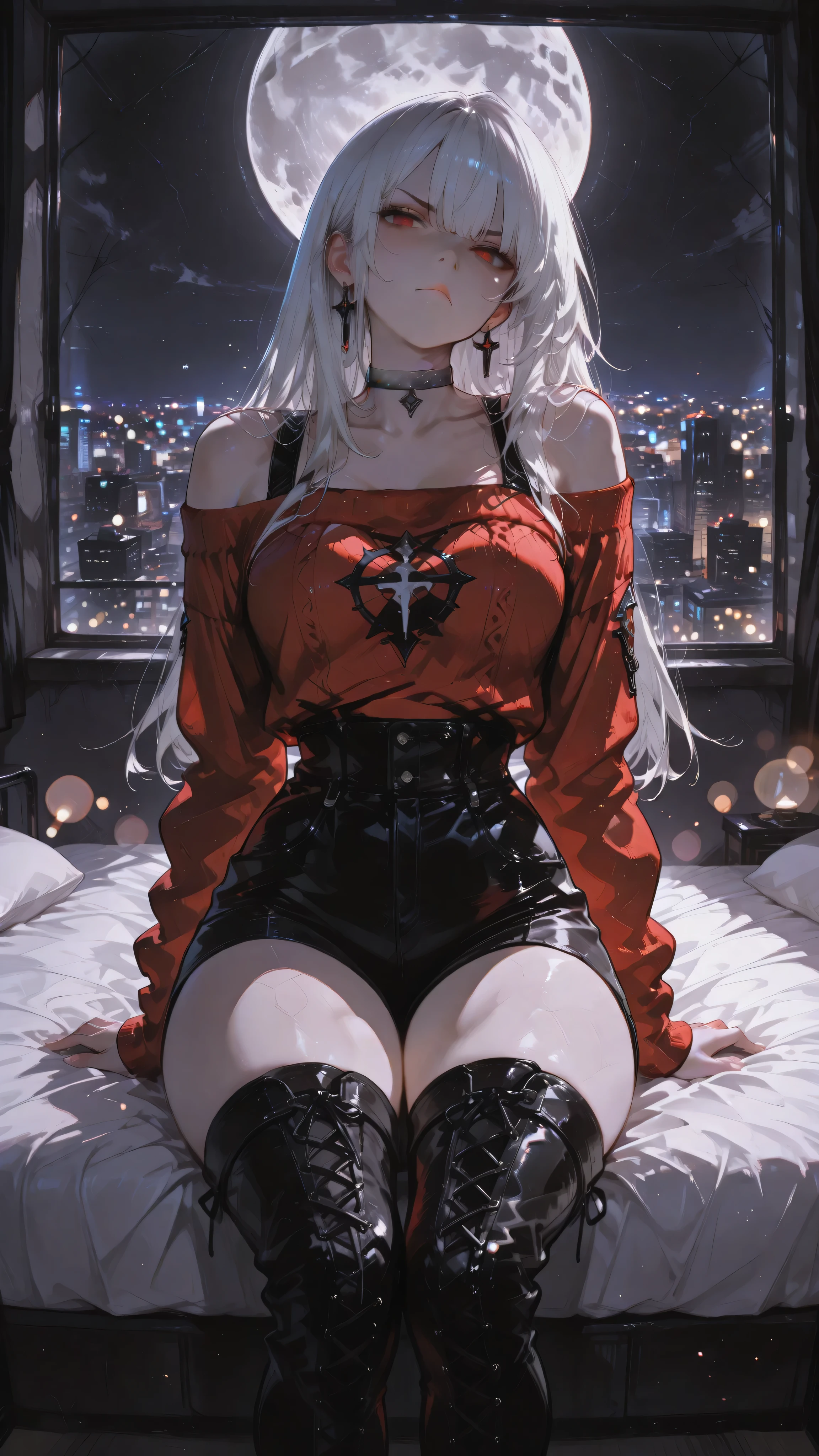 A beautiful woman, long straight hair, straight bangs, white hair, red eles, threatening Yandere expression, dramatic pout, muscular body, toned body. Wearing a dark red cropped off-the-shoulder sweater, high-waisted black shorts, black leather over-the-knee boots, silver choker, earrings, silver bracelet. Sitting on the edge of the bed, leaning back, hands resting on the bed, penthouse room, large window, night city, full moon. Anime illustration, dynamic angle, point of view below, dramatic perspective, masterpiece, ultra-detailed, dynamic volumetric lighting, bokeh background, cinematic atmosphere, ultra-sharp focus, soft shadows, realistic shading, realistic anime skin texture, realistic anime fabric folds.