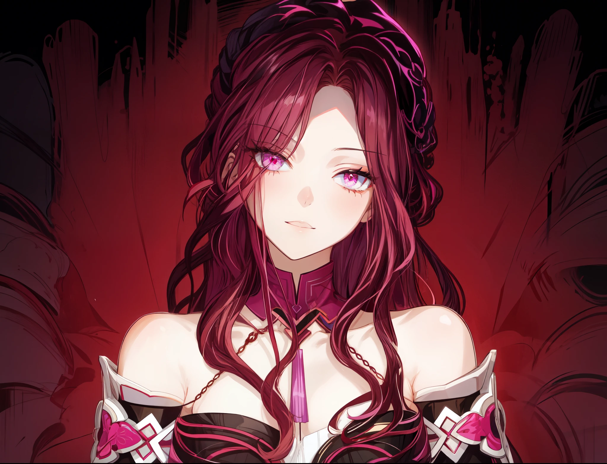 Hot pink eyes, wine head, bare shoulders, Dark clothes , 1girl, Masterpiece, close-up, animated face, (beautiful and aesthetic:1. 5), Clean Lineart, perfect line art , Variable Linear Art , clean animated outline, Thick line drawing, No sharp lines, top quality, high quality, top quality, dynamic lighting, HD,