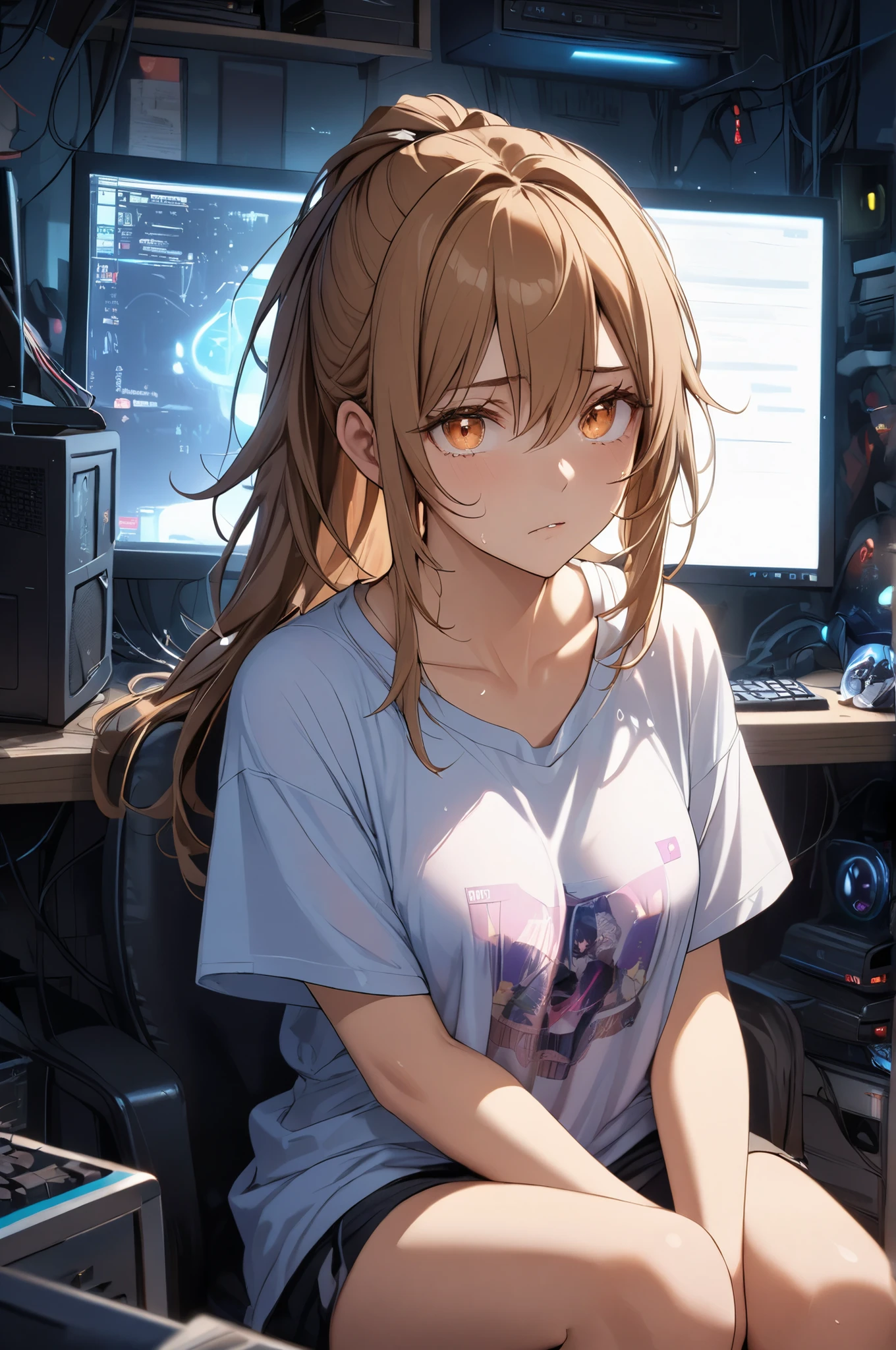(High quality, High resolution, Fine details), cluttered dark gamer's room, glowing computer monitors, casting highlights on face and hair, sitting, cleavage is visible through baggy T-shirt, solo, young woman with messy, unkempt light brown hair, half-lidded tired eyes, giving off a gloomy, (Detailed eyes:1.2), Sweat, Oily skin, Soft tones, shallow depth of field