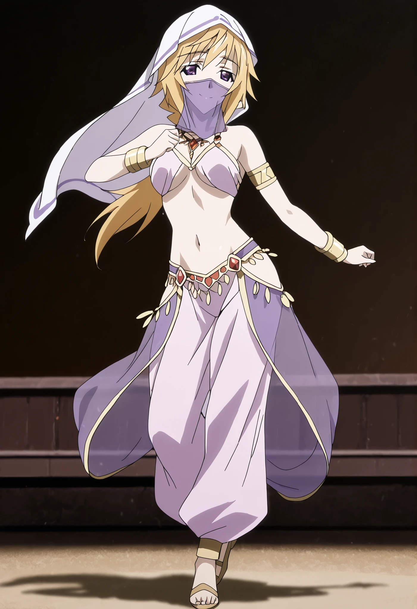 (1girl:1 . 5) , (Seul:1 . 5) , score_9 , score_8_haut , score_7_haut , source_anime , Official work  , ultra-detailed , masterpiece , better quality , high resolution , beaux yeux , detailed eyes , Detailed face , beautiful detailed eyes ,Infinite Stratos,Charlotte Dunois,Arabian Clothes , Arabian Dancer ,belly dancer costume,belly dancer outfit ,full body,golden jewelery,mouth veil,armlet, belly dancing,arabian theater,seductive smile, dancing with veil, dynamic movement,dance posture,  pose