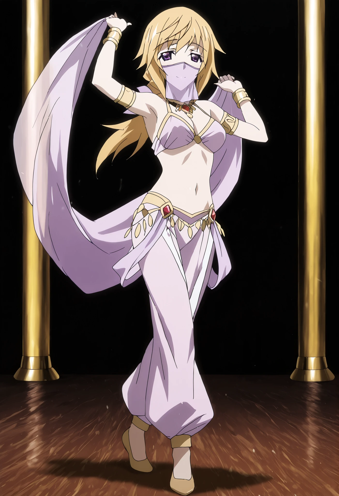 (1girl:1 . 5) , (Seul:1 . 5) , score_9 , score_8_haut , score_7_haut , source_anime , Official work  , ultra-detailed , masterpiece , better quality , high resolution , beaux yeux , detailed eyes , Detailed face , beautiful detailed eyes ,Infinite Stratos,Charlotte Dunois,Arabian Clothes , Arabian Dancer ,belly dancer costume,belly dancer outfit ,full body,golden jewelery,mouth veil,armlet, belly dancing,arabian theater,seductive smile, dancing with veil, dynamic movement,dance posture,  pose